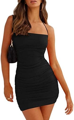Bodycon Halter Mini Dress for Women, Backless Ruched Spaghetti-Strap Party Dress
