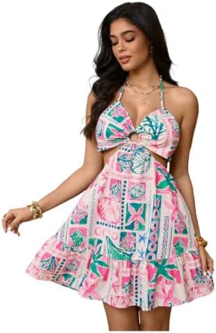 Floral Halter Sundress for Women, Sleeveless Cut-Out Boho Cami Vacation Dress