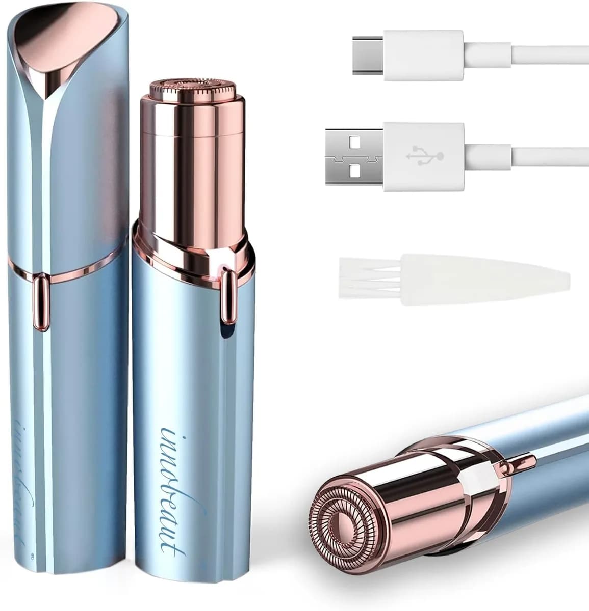 painless facial hair remover with USB cable and cleaning brush