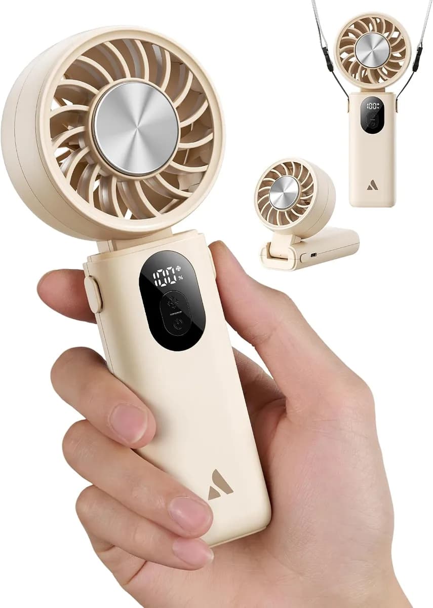 portable handheld fan in beige with cooling plate