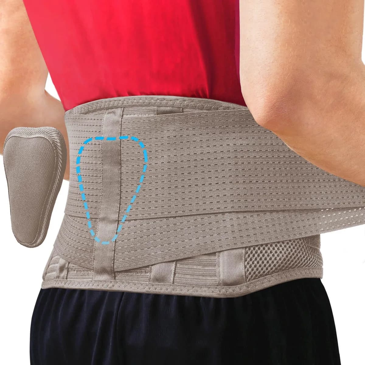 lower back brace with lumbar pad in desert taupe