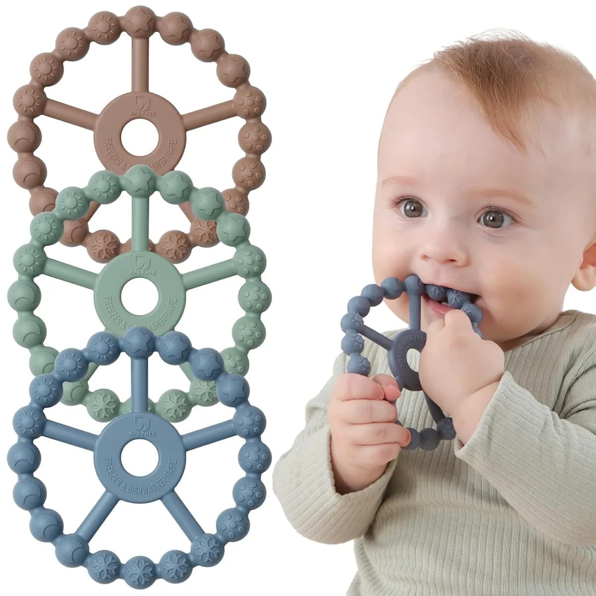 silicone ring teether in brown, green and blue