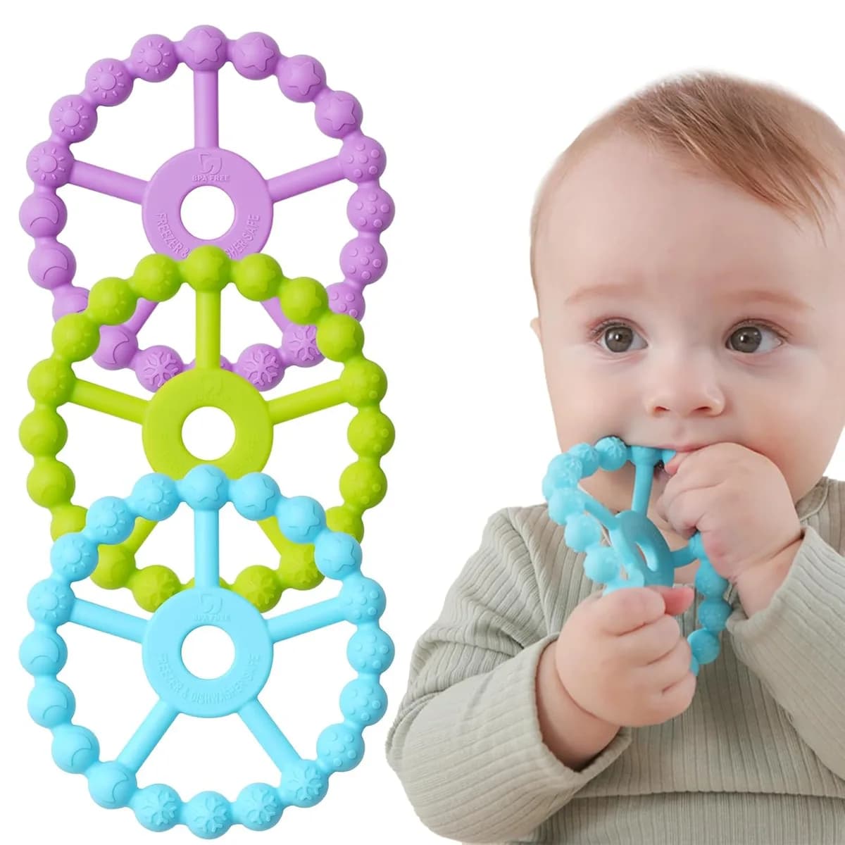 silicone ring teether in light purple, green and blue