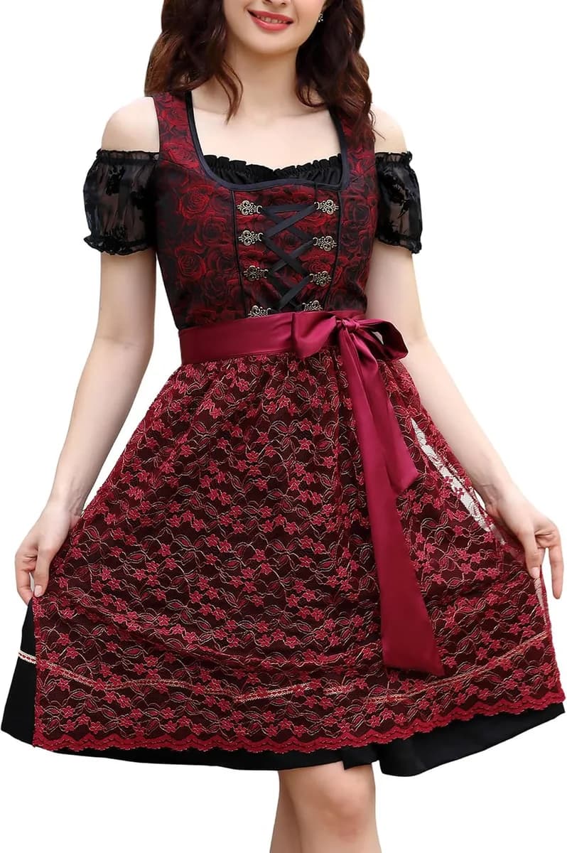 burgundy 3 piece dirndl dress with blouse and apron