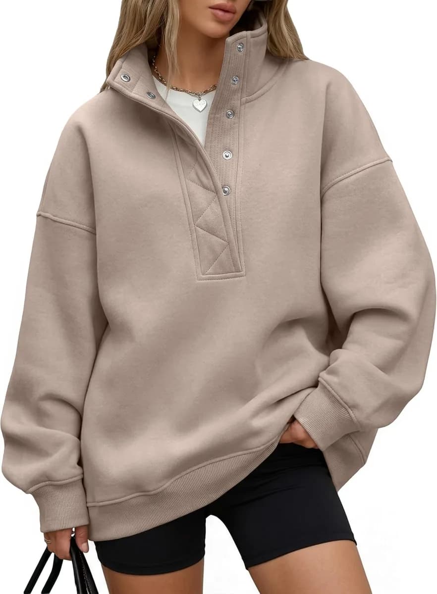taupe women's oversized henley sweatshirt