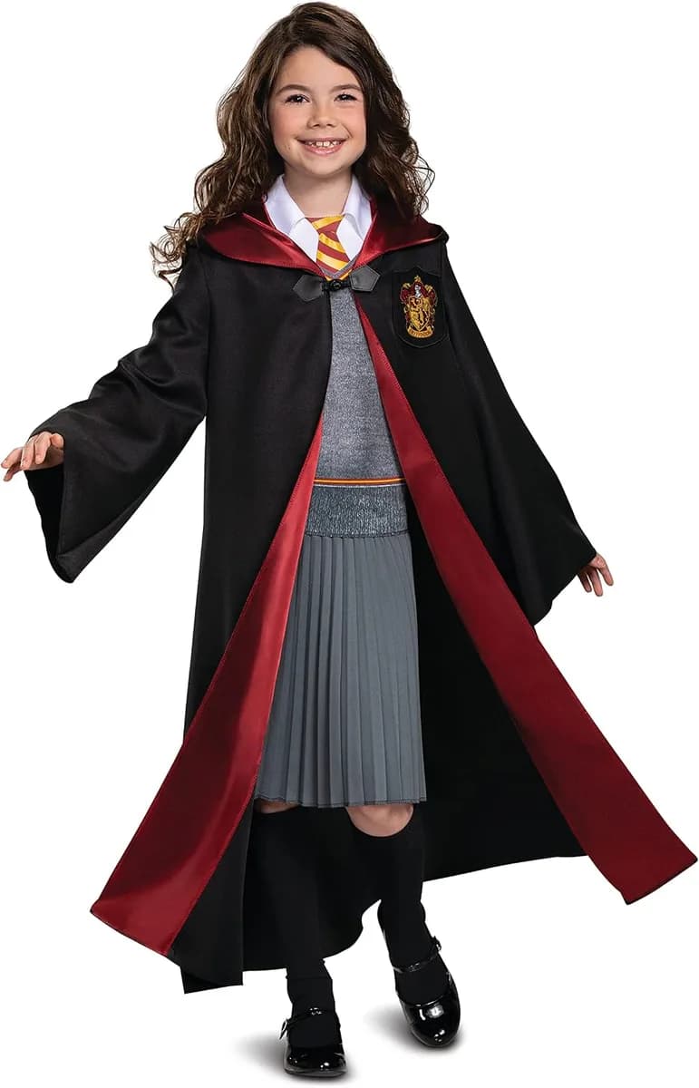 girl wearing a kids wizard school costume robe