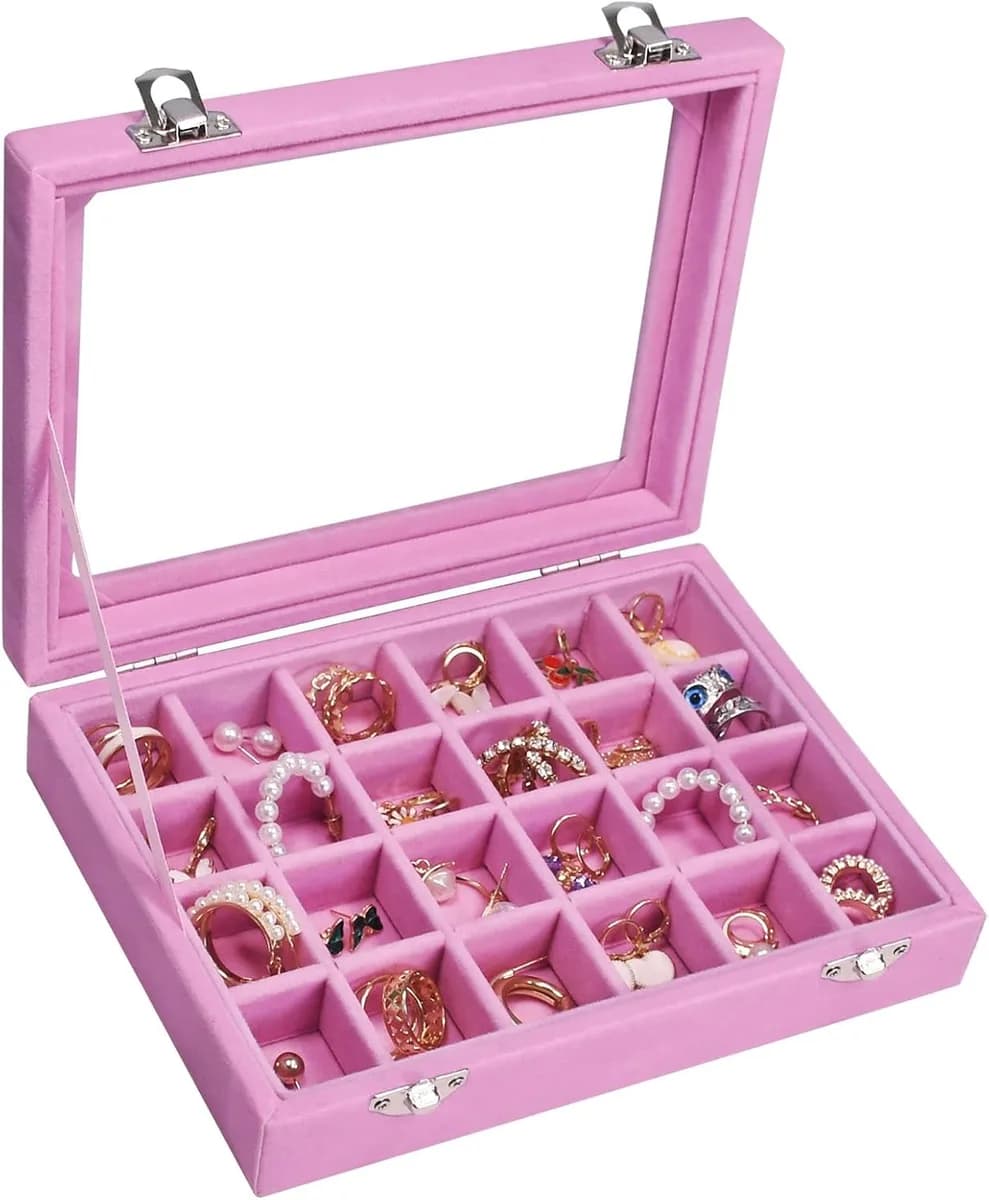 velvet jewelry box with glass lid in pink