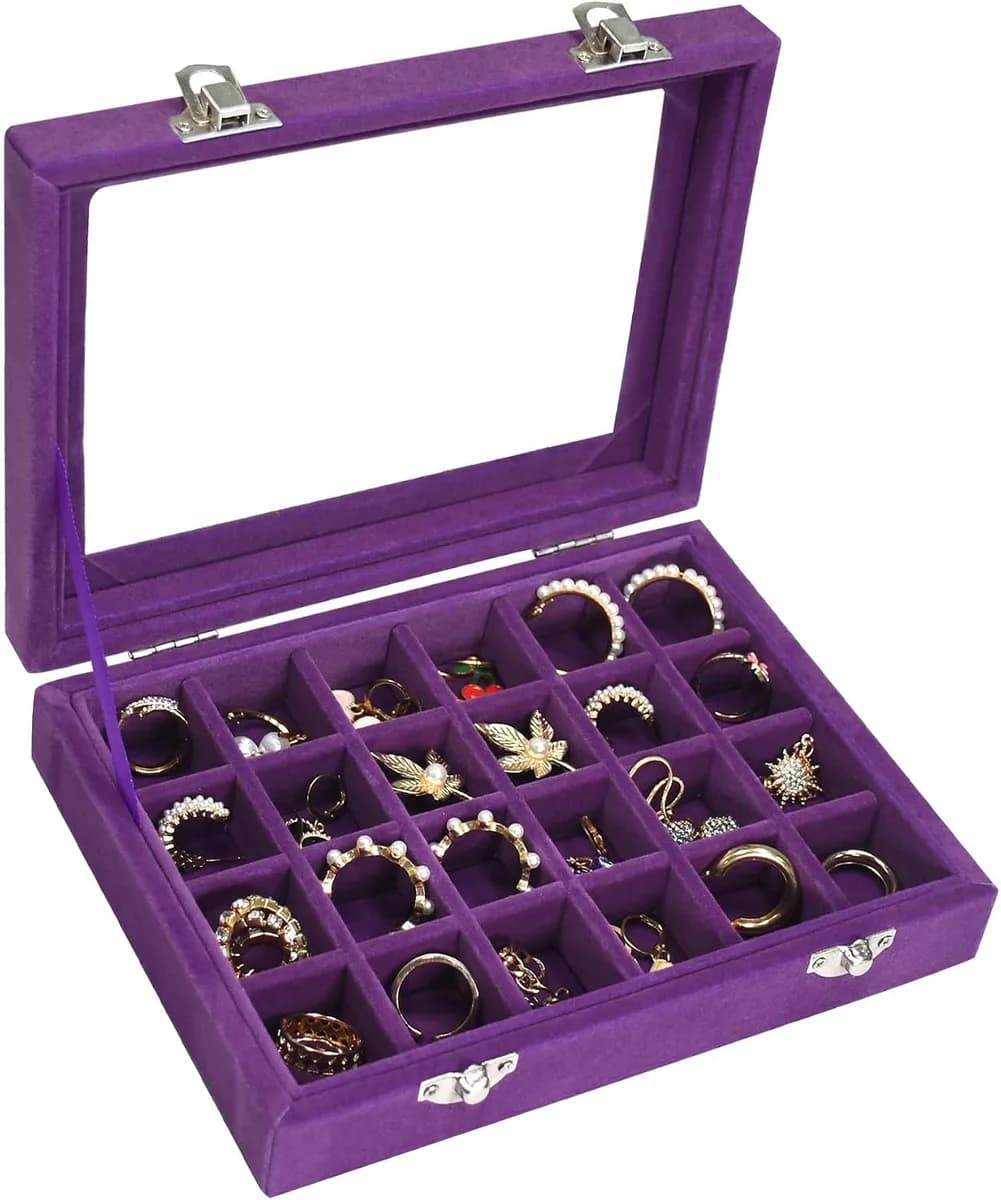 velvet jewelry box with glass lid in purple