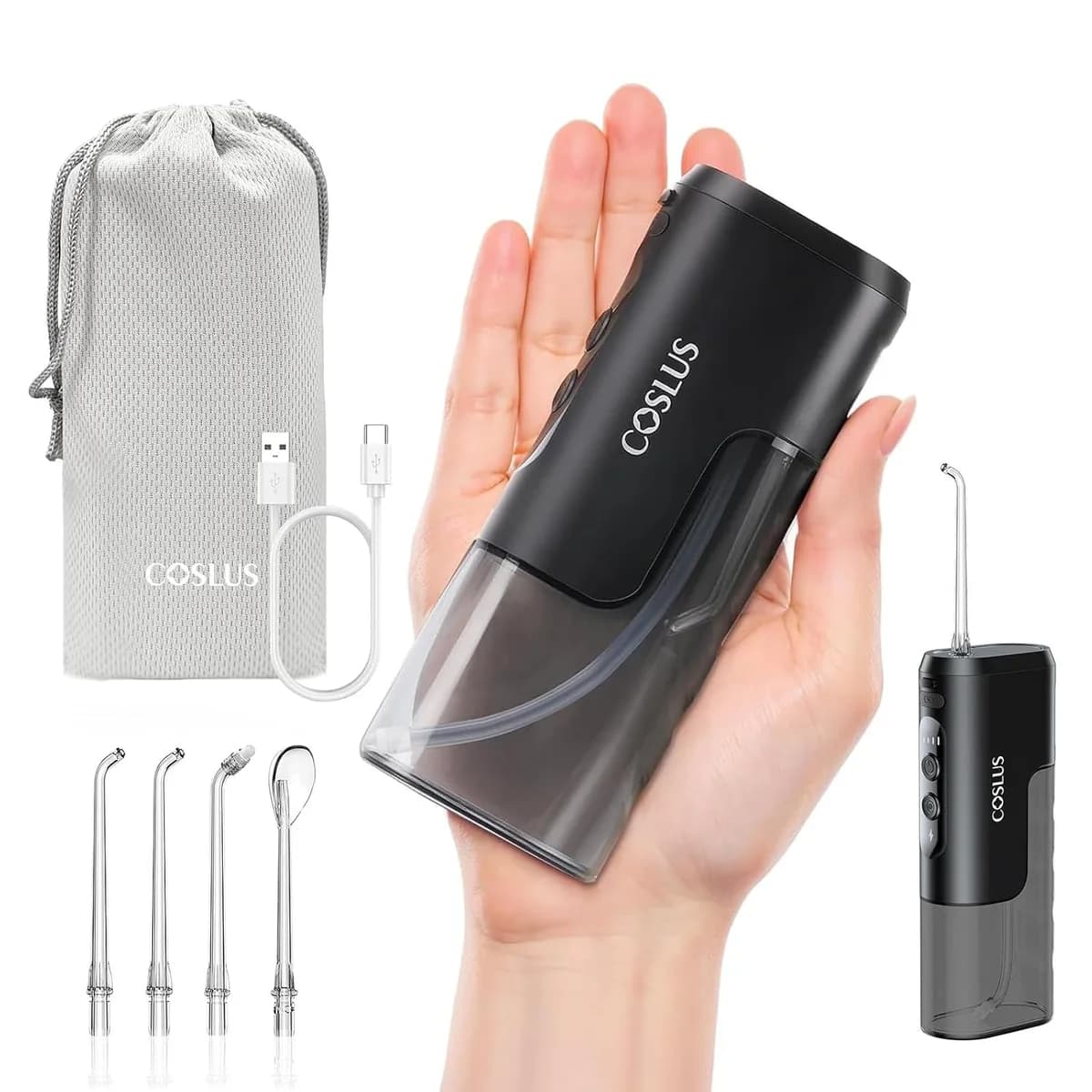 black mini travel water flosser with tips and pouch