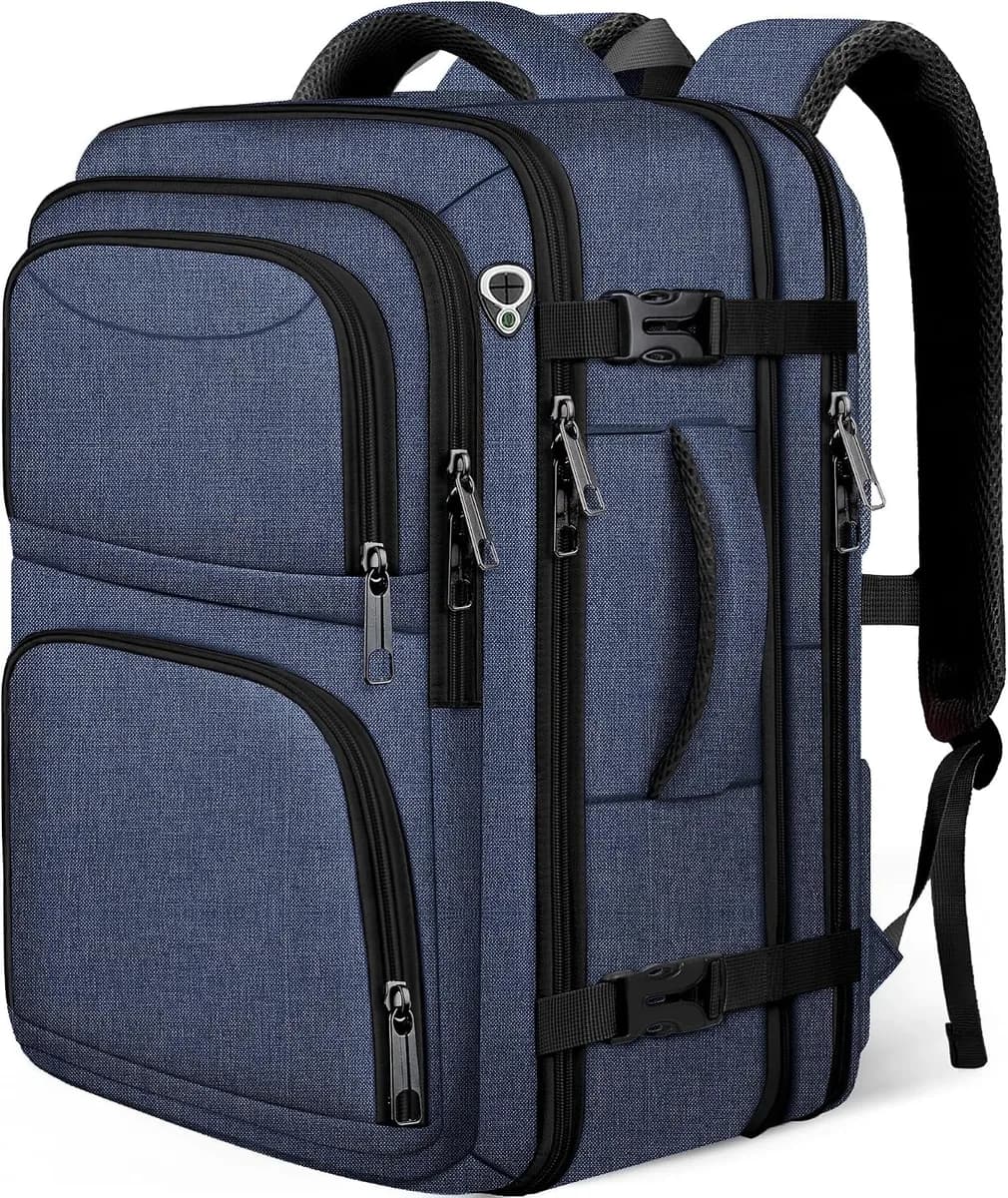 expandable carry-on travel backpack in blue