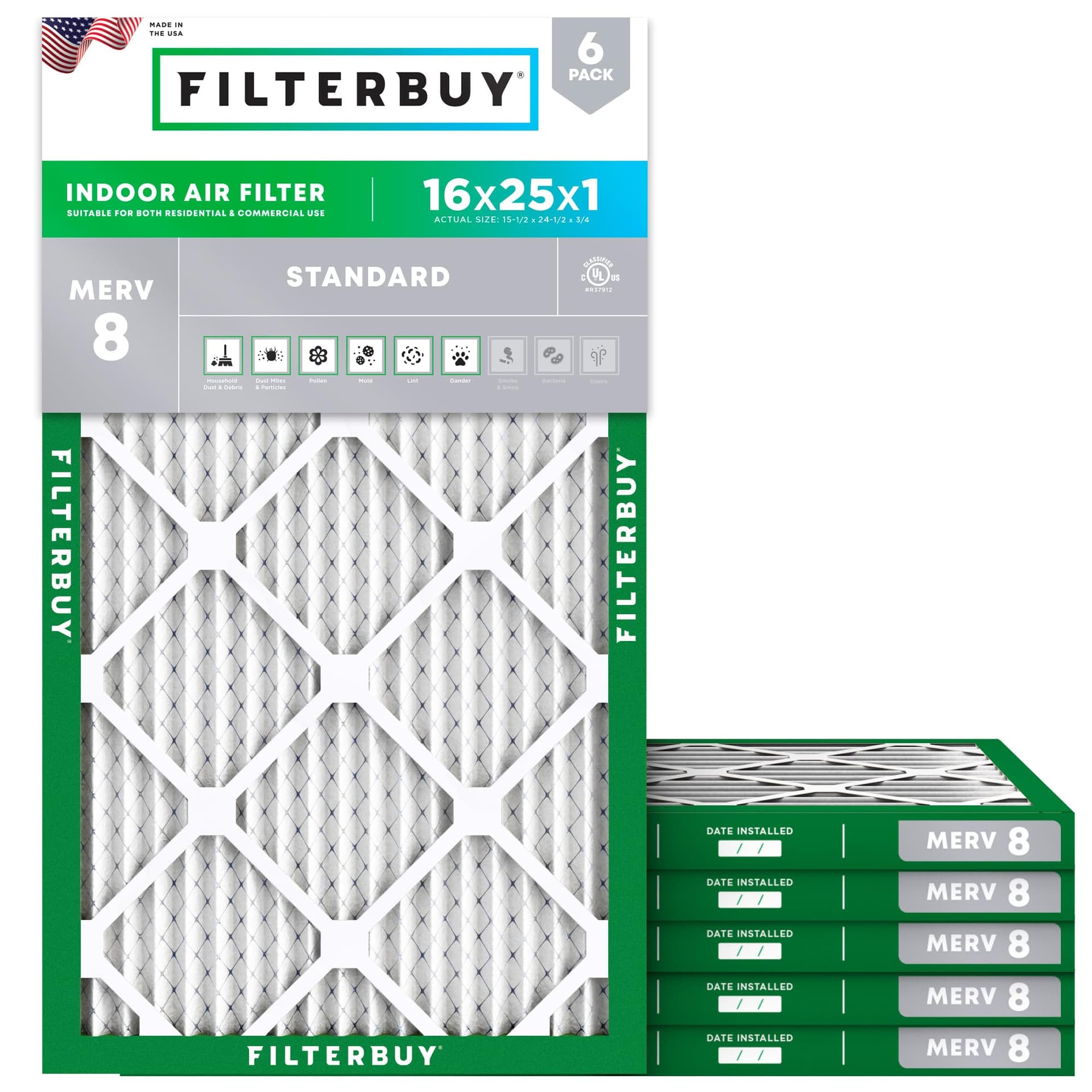 Filterbuy 16x25x1 Air Filter MERV 8 Dust & Allergy Defense (6-Pack) | Electrostatic Pleated HVAC AC Furnace Filters Replacement, Made in USA (Actual