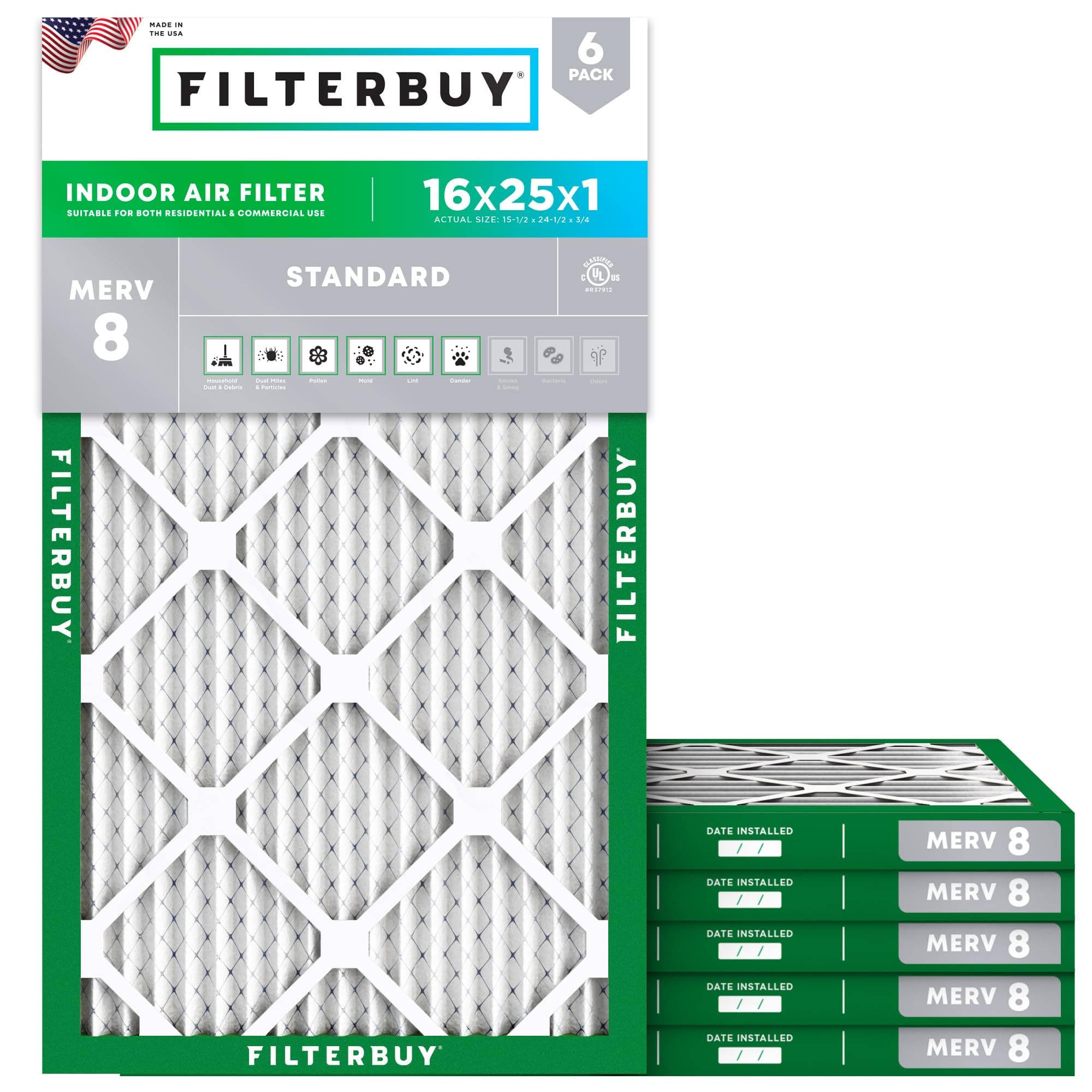 Filterbuy 16x25x1 Air Filter MERV 8 Dust & Allergy Defense (6-Pack) | Electrostatic Pleated HVAC AC Furnace Filters Replacement, Made in USA (Actual