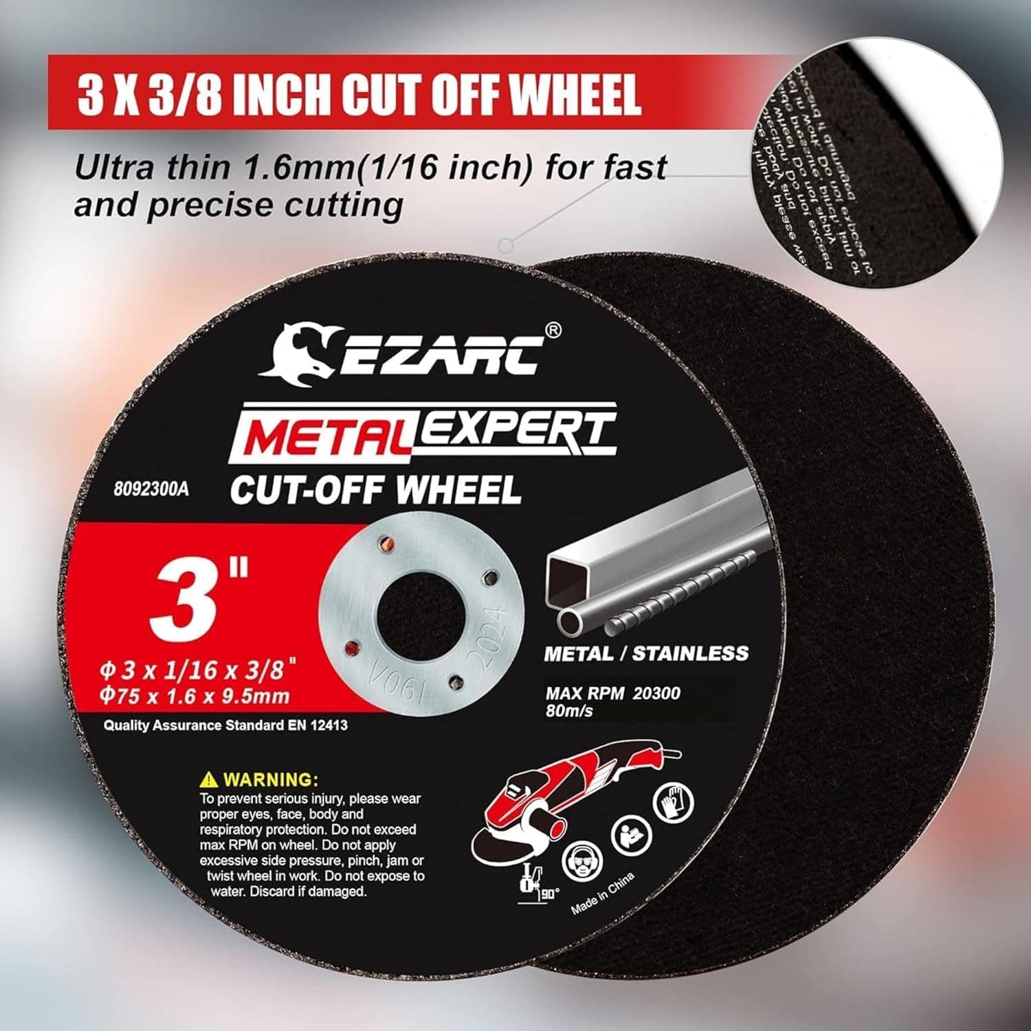 EZARC Metal Expert 3 inch cut-off wheel with 1/16 inch thickness for metal and stainless steel cutting compatible with die grinders.