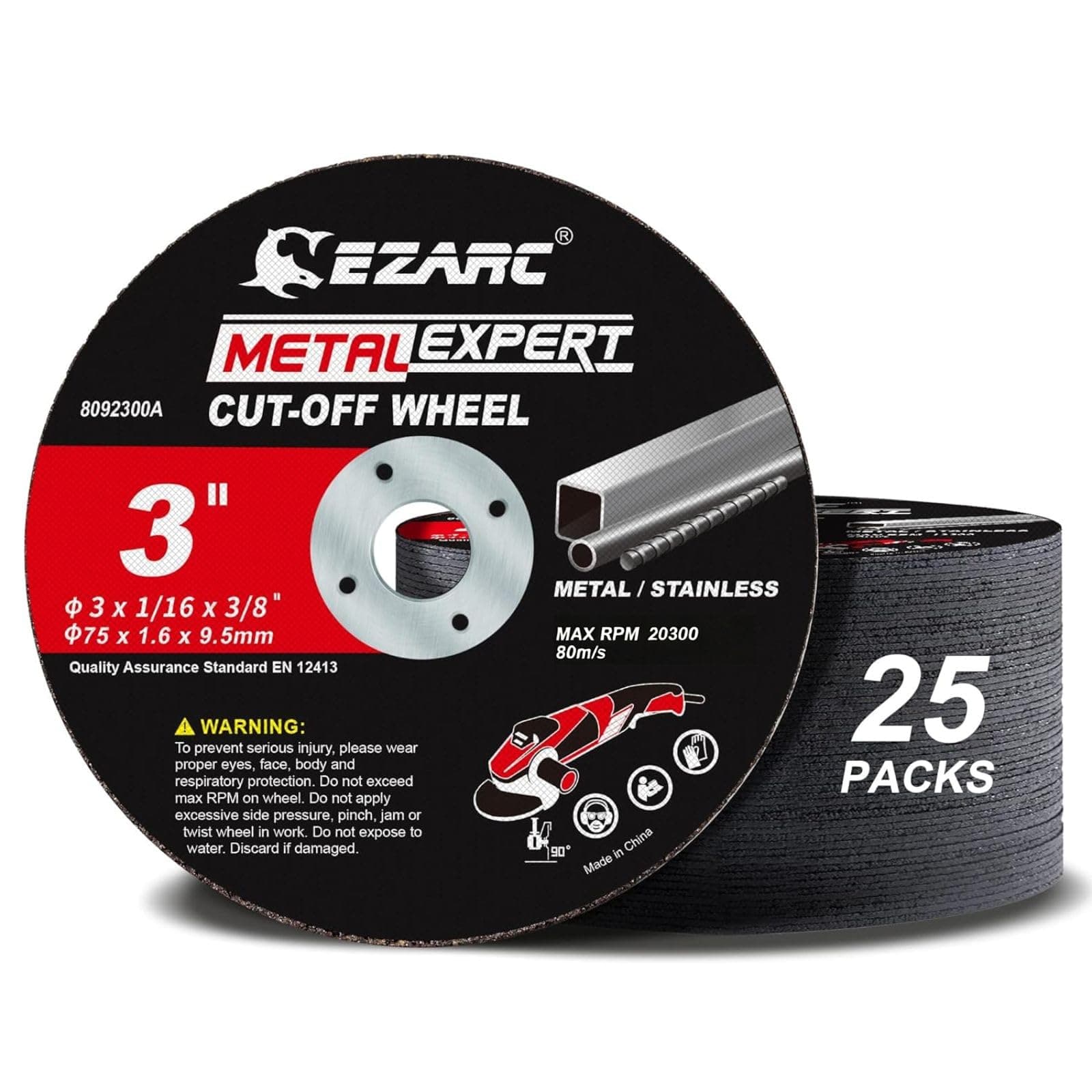 EZARC Metal Expert 3-inch cut-off wheel for metal and stainless steel with a 25-pack stack displayed.