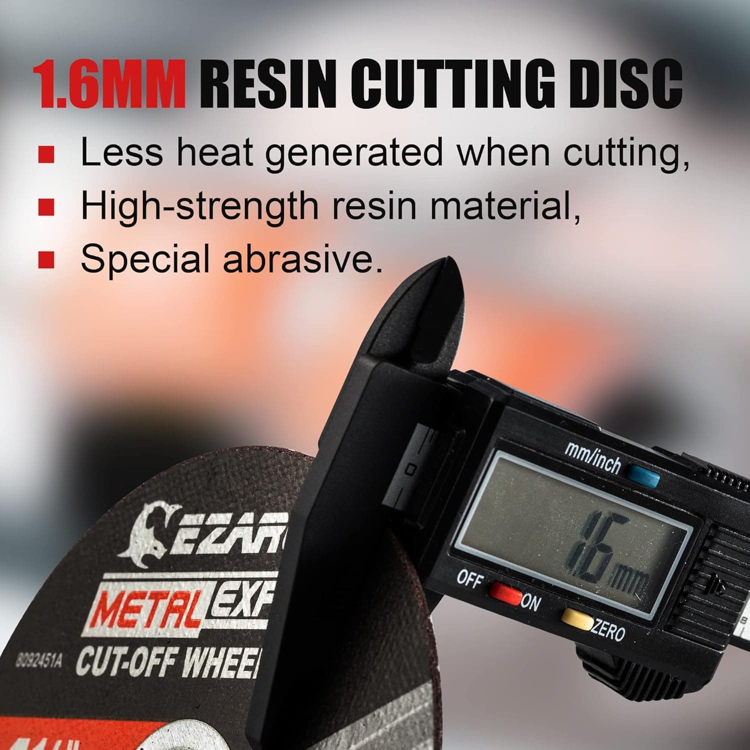 EZARC 1.6mm resin cutting disc measured with digital caliper showing key product features and specifications.