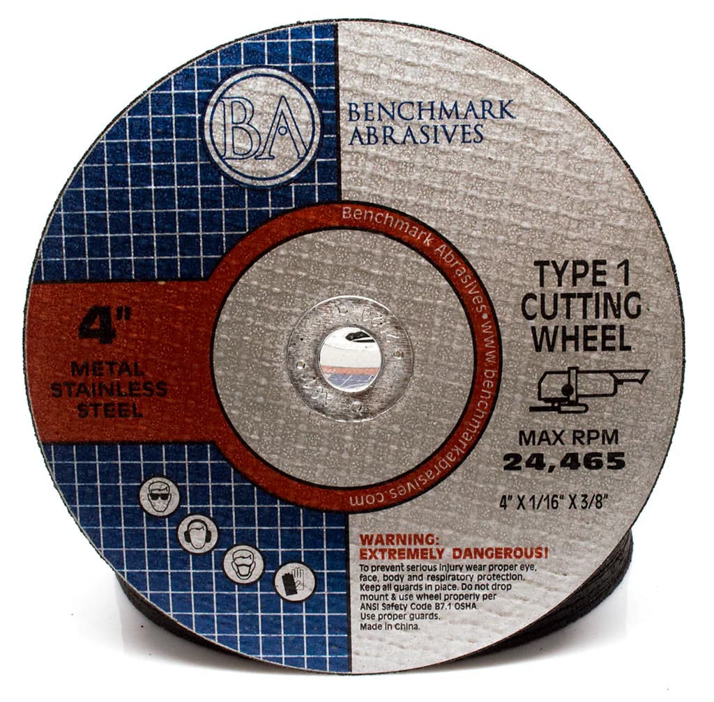 4-inch Type 1 stainless steel cutting wheel with safety icons and warning text from Benchmark Abrasives.