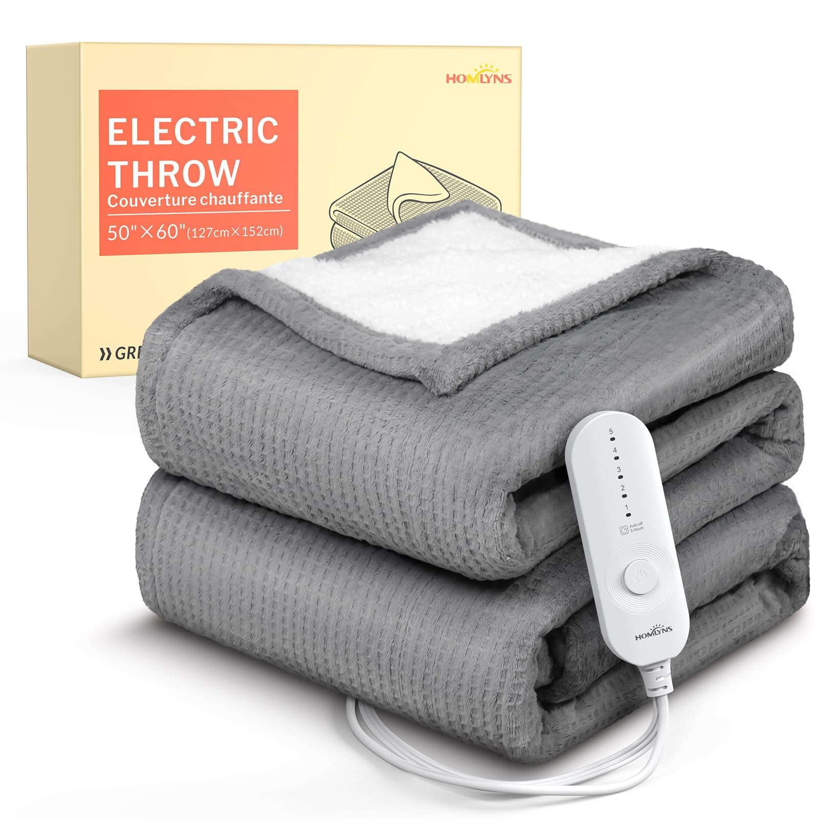 HOMLYNS Heated Throw Blanket, 5 Heat Settings, 3 Hours Timer, Grey | 50" x 60", fast heating, ETL certified, NTC & PTC protection, machine washable