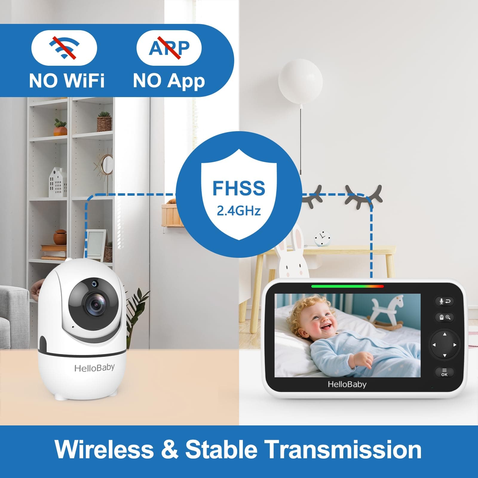 HelloBaby baby monitor with camera and screen showing a baby, highlighting no WiFi, no app needed, and FHSS 2.4GHz wireless stable transmission.