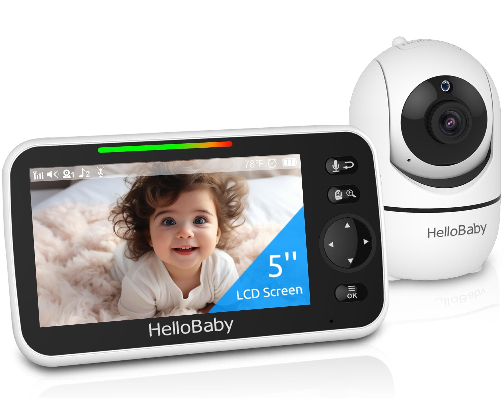 HelloBaby baby monitor with 5-inch LCD screen displaying a smiling baby and a white pan-tilt-zoom camera.
