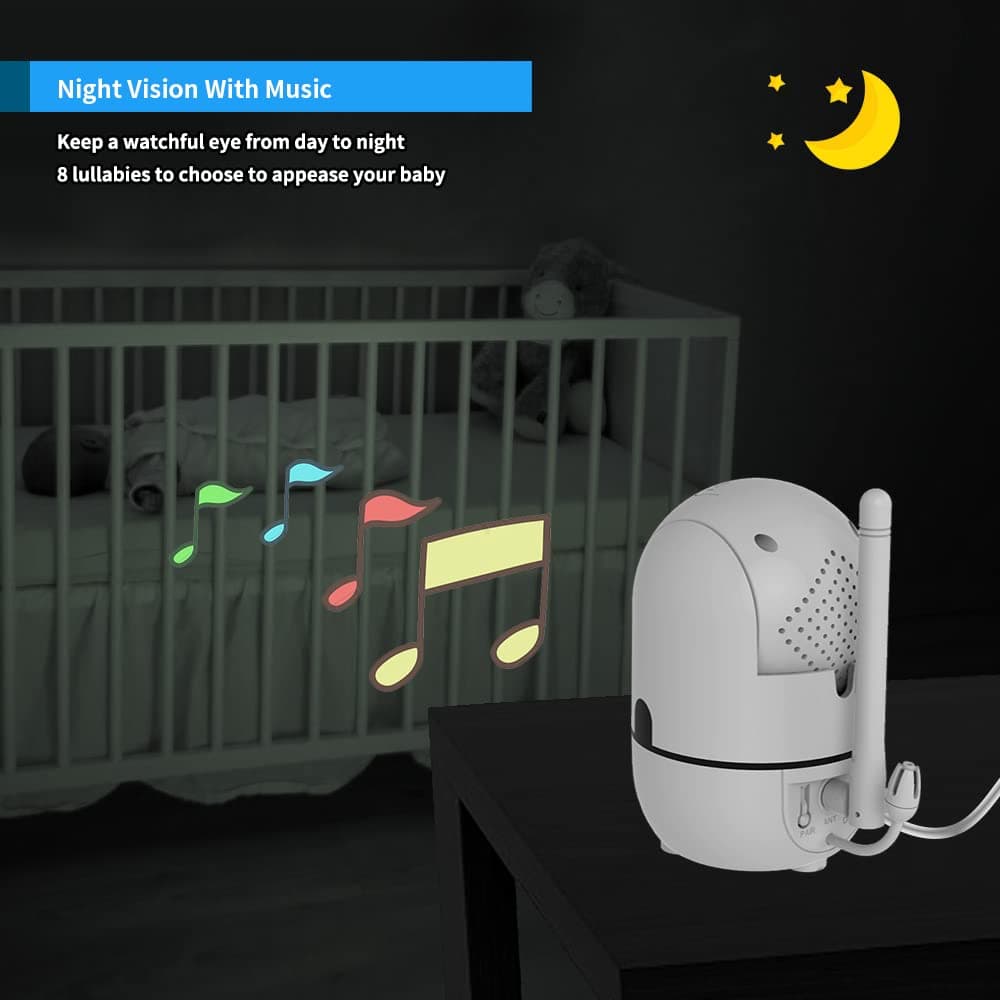 White baby monitor on a table playing music notes near a crib with a sleeping baby and plush toy in a dark room.