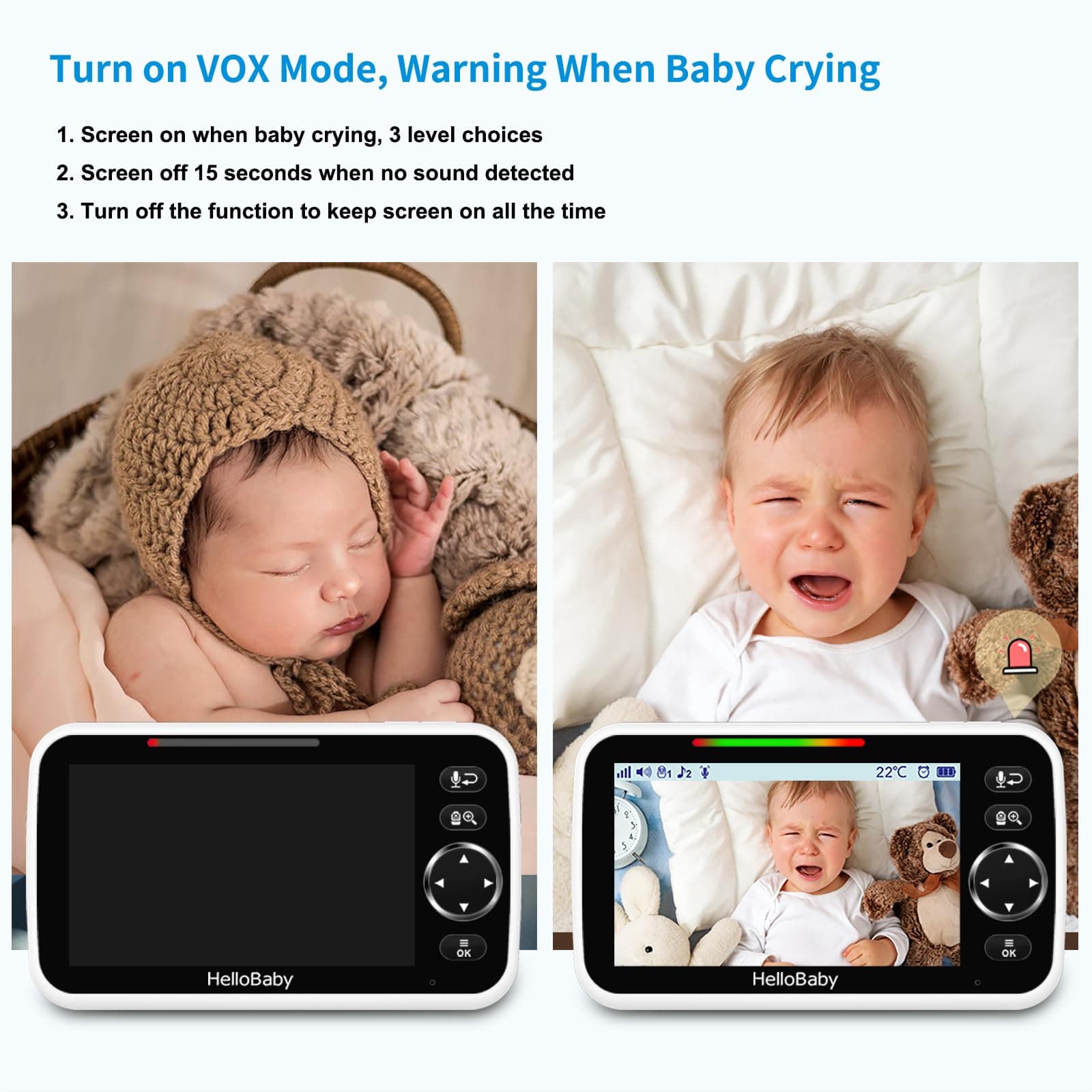 Two HelloBaby monitors show one screen off with a sleeping baby and one screen on with a crying baby and alert icon.