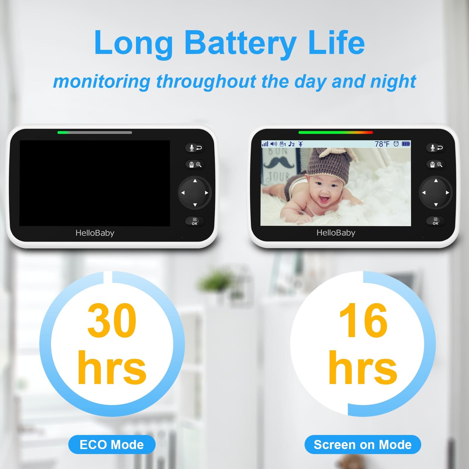 HelloBaby baby monitor displaying long battery life up to 30 hours in ECO mode and 16 hours in screen on mode with baby image on screen.