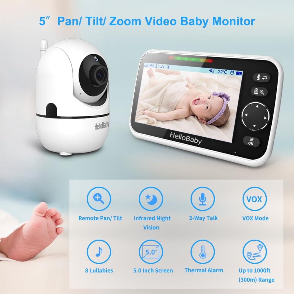 White HelloBaby 5-inch screen baby monitor with pan, tilt, zoom camera showing baby on screen and feature icons below.