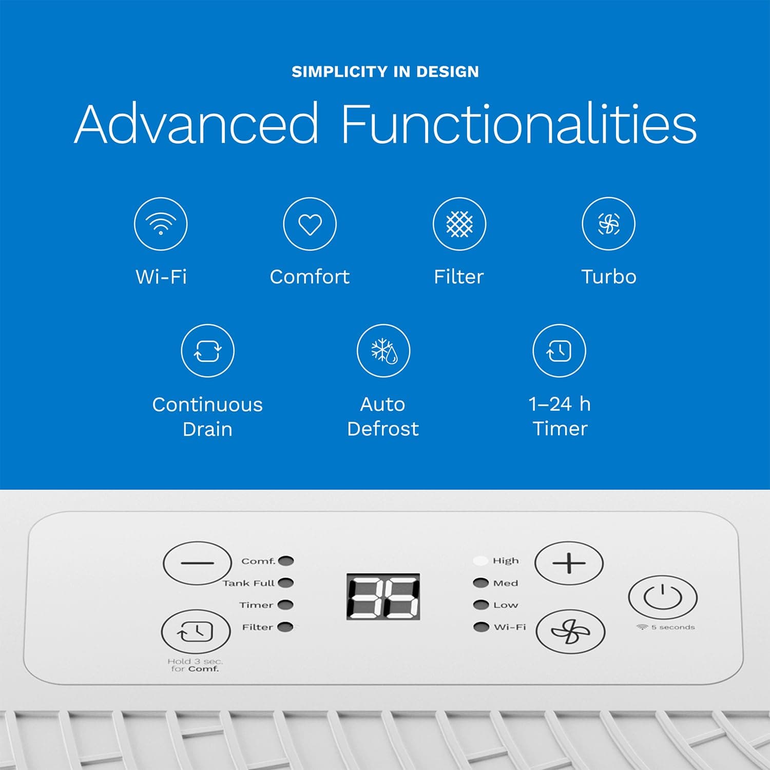 Control panel of a dehumidifier showing Wi-Fi, comfort, filter, turbo, continuous drain, auto defrost, and 1-24 hour timer functions.