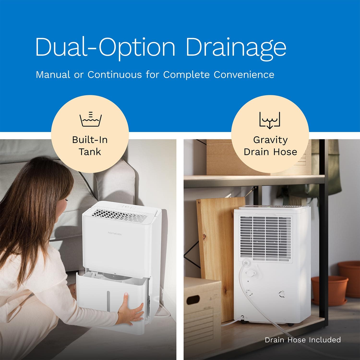 hOmeLabs dehumidifier showing dual drainage options with built-in tank and gravity drain hose for convenience.