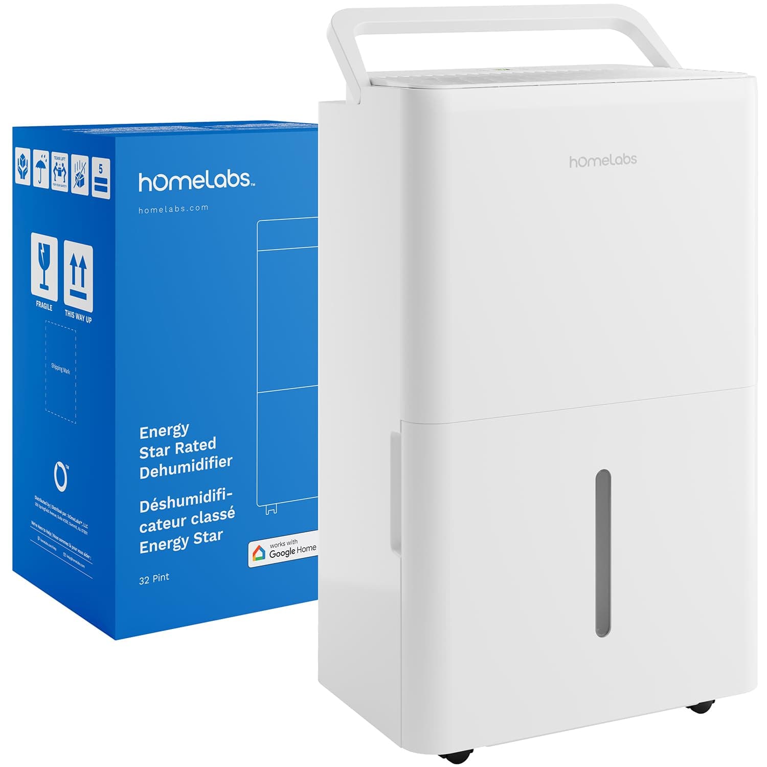 White hOmeLabs Energy Star rated dehumidifier next to its blue product packaging box.
