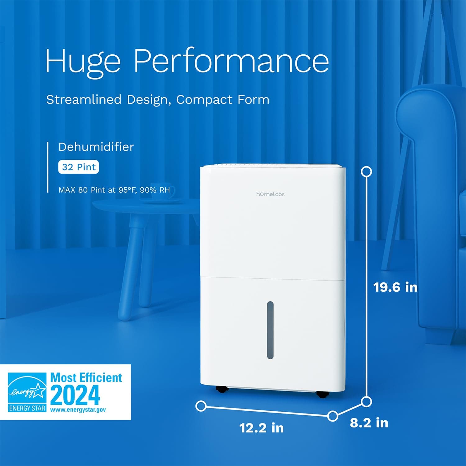 hOmeLabs dehumidifier with compact design measuring 19.6 by 12.2 by 8.2 inches, 32 pint capacity, and 2024 Energy Star rating.
