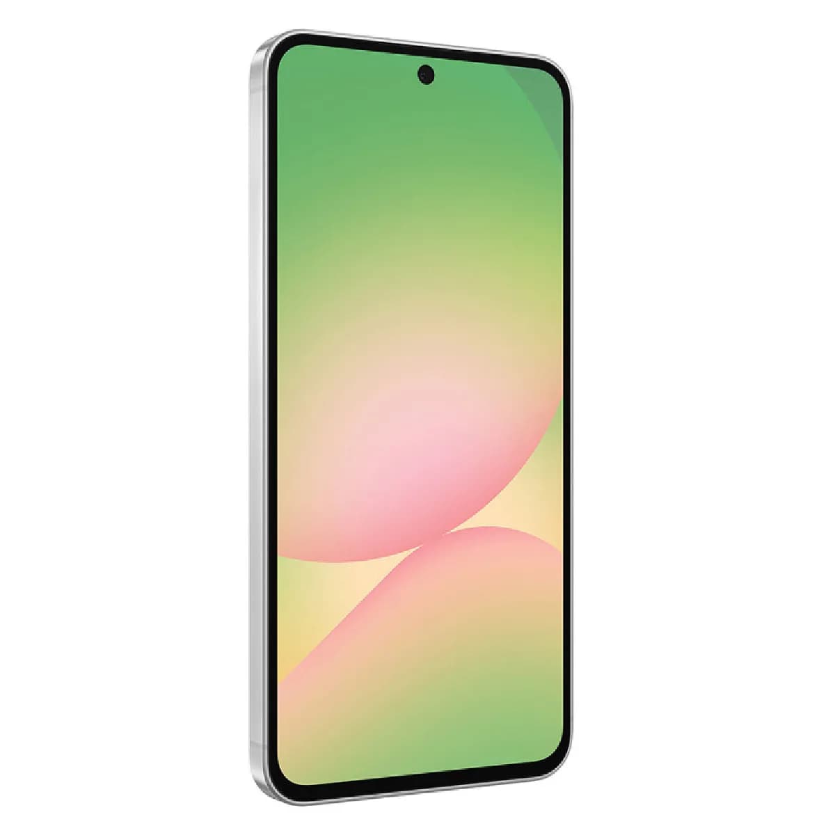 Samsung Galaxy A56 smartphone shown from a front-left angle with a green and pink gradient screen and gray edges.
