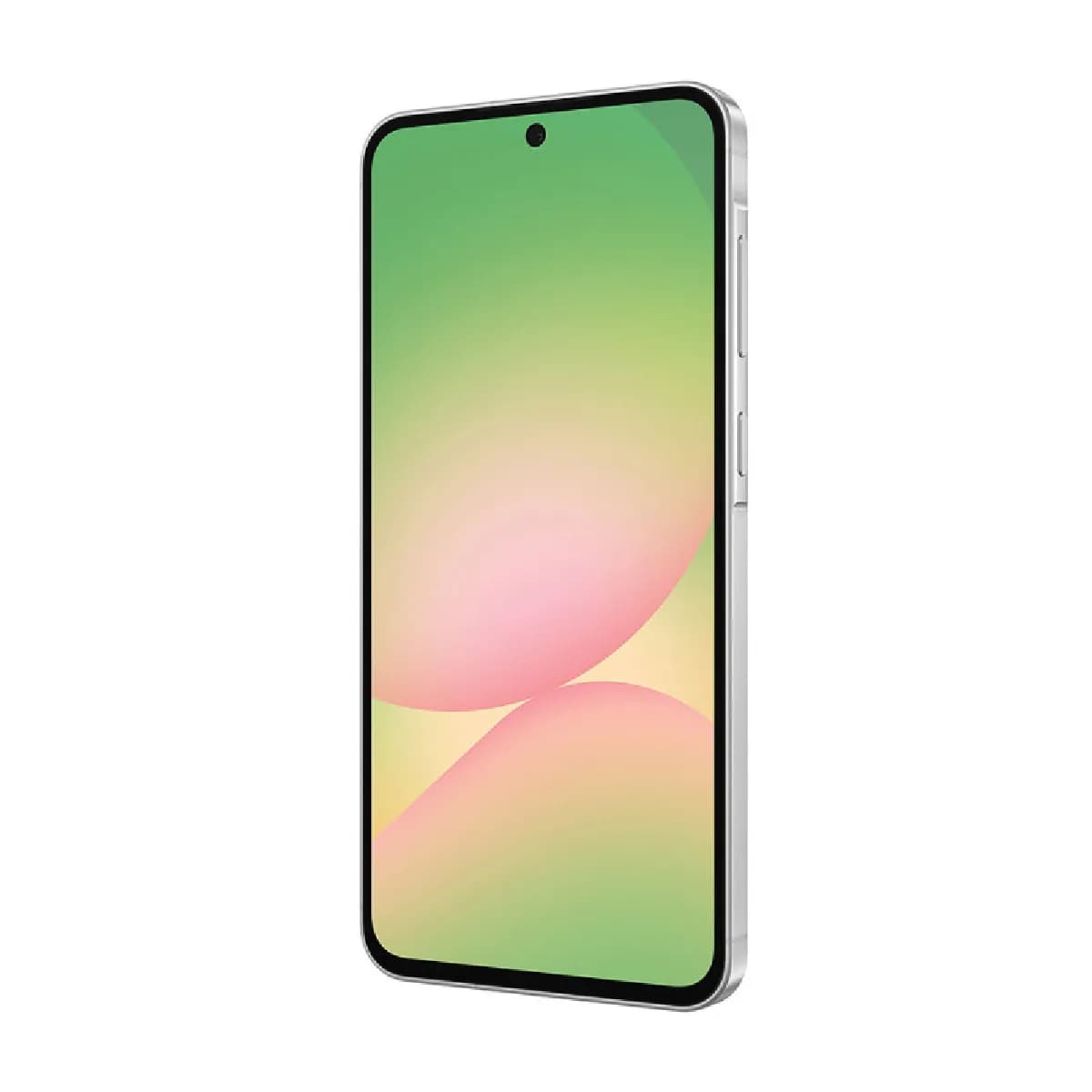 Samsung Galaxy A56 smartphone in light gray with a colorful gradient screen and side buttons visible.