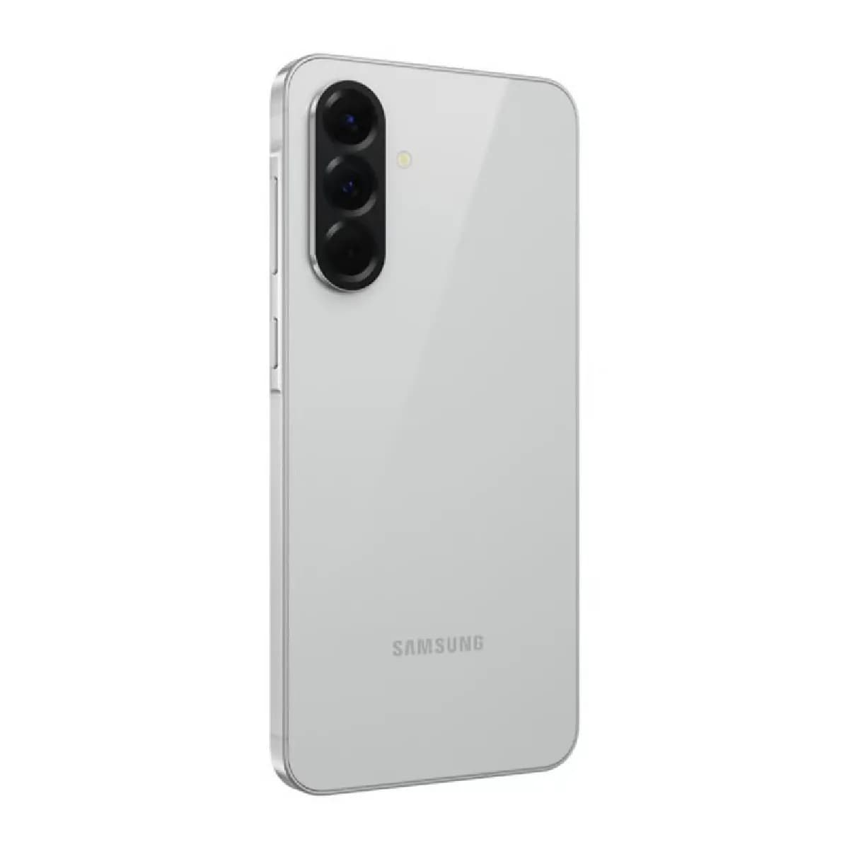 Samsung Galaxy A56 smartphone in light gray with triple rear cameras and side buttons visible.