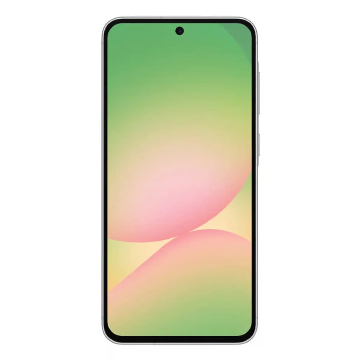 Samsung Galaxy A56 smartphone with a front display showing a green and pink gradient wallpaper and a centered front camera.