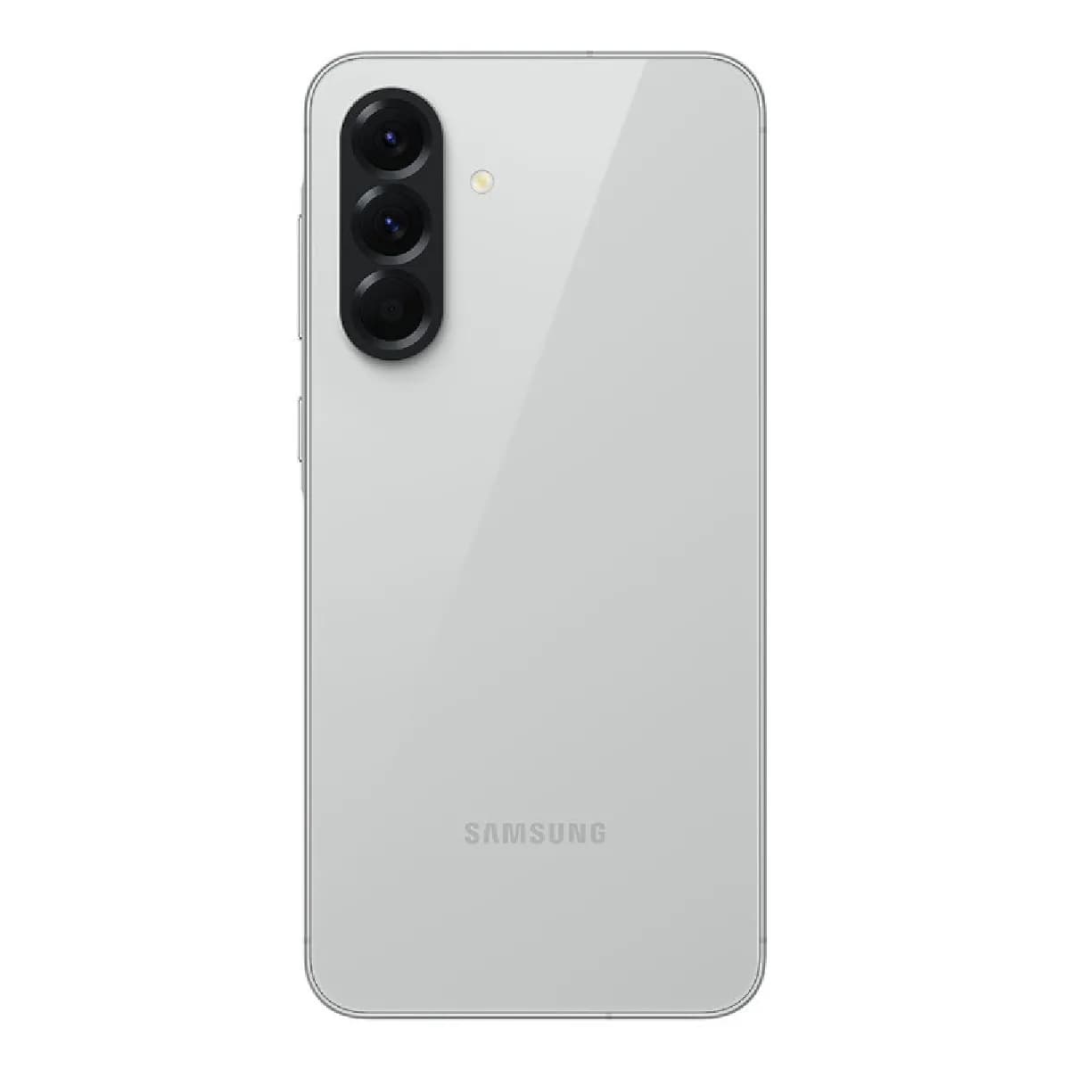 Samsung Galaxy A56 smartphone in light gray with triple rear camera and flash on a white background.