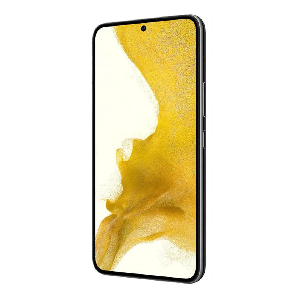 Black Samsung Galaxy S22 smartphone with a yellow abstract wallpaper on the screen angled to show the front and right side buttons.