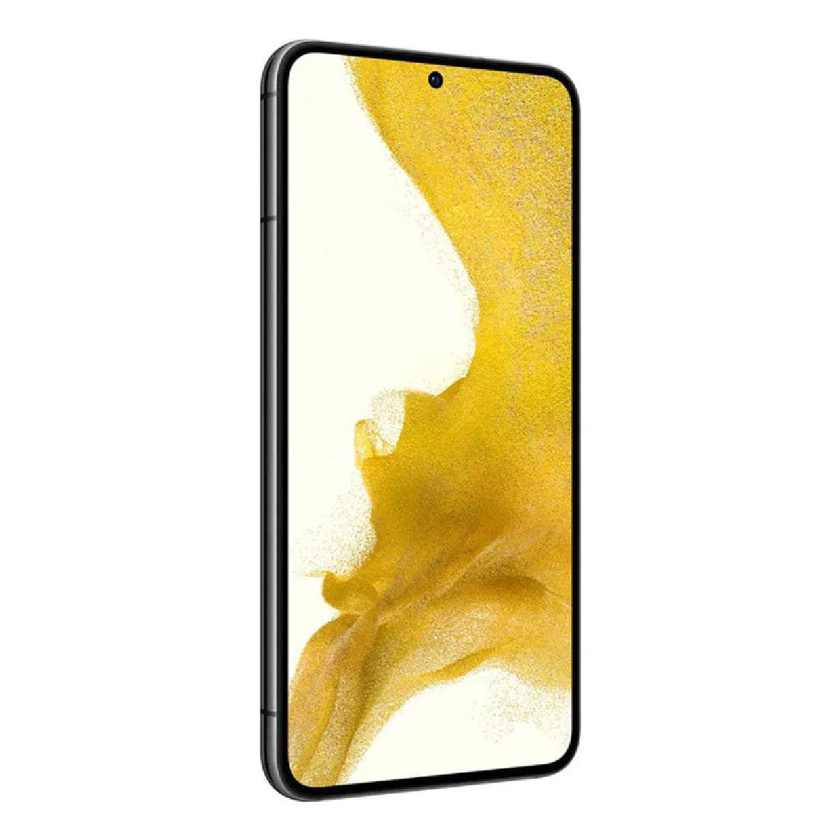 Samsung Galaxy S22 smartphone in black with a large edge-to-edge display showing yellow and white abstract wallpaper.