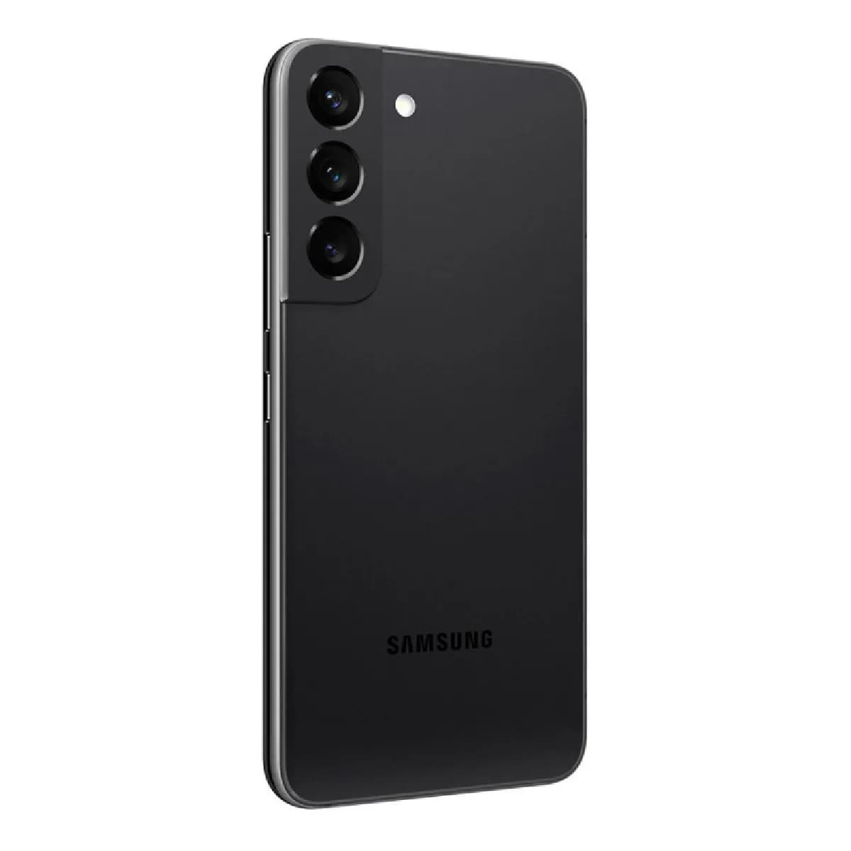 Black Samsung Galaxy S22 smartphone shown from the back with triple camera lenses and flash on the top left corner.