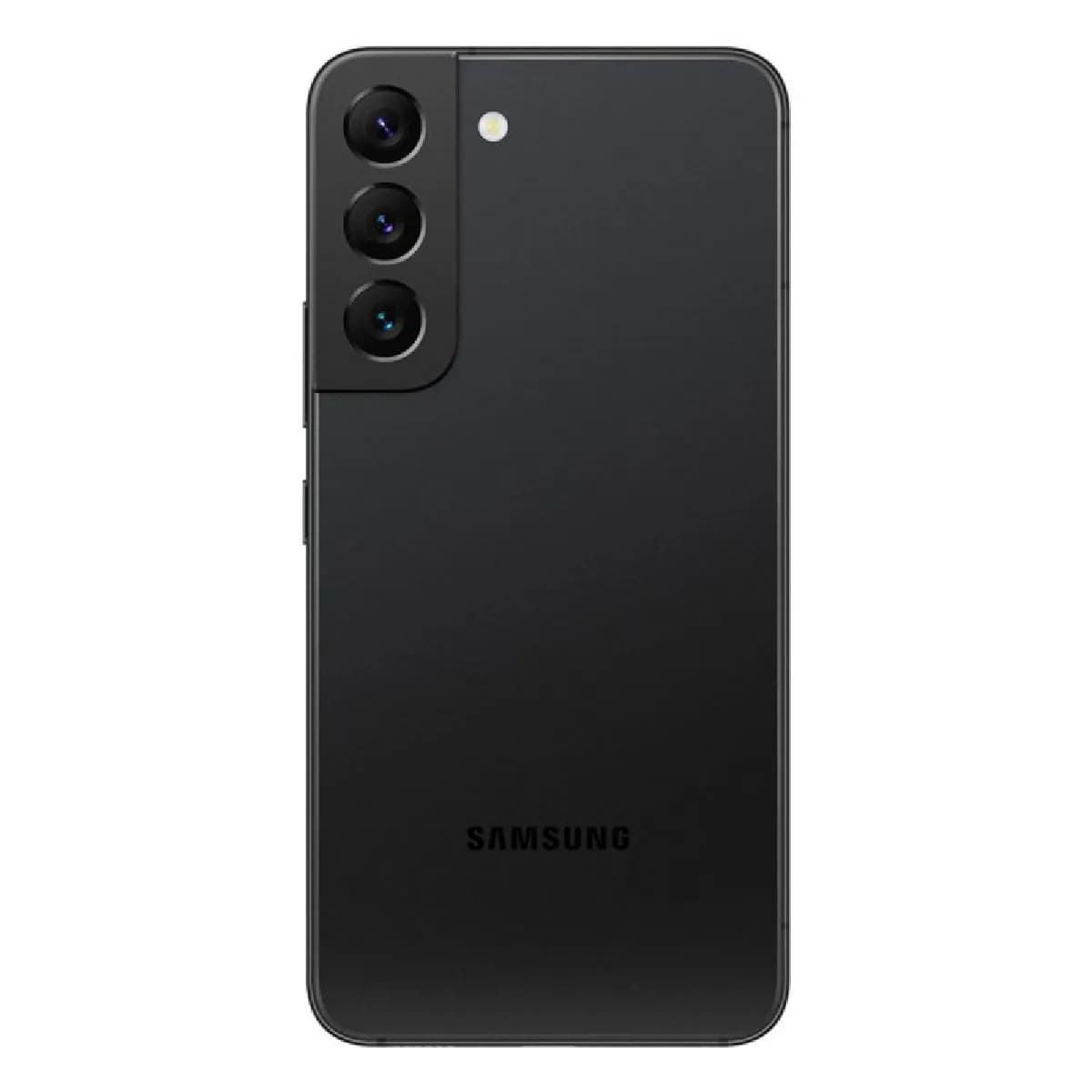Black Samsung Galaxy S22 smartphone back view with triple camera and LED flash.