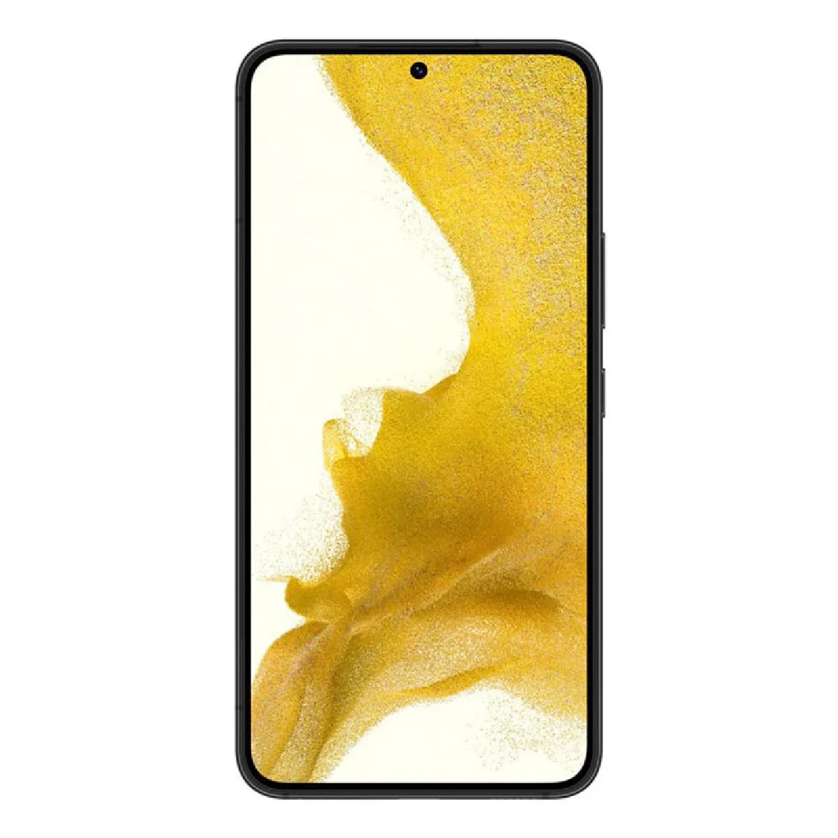 Samsung Galaxy S22 smartphone in black with full-screen display showing yellow and white abstract wallpaper.