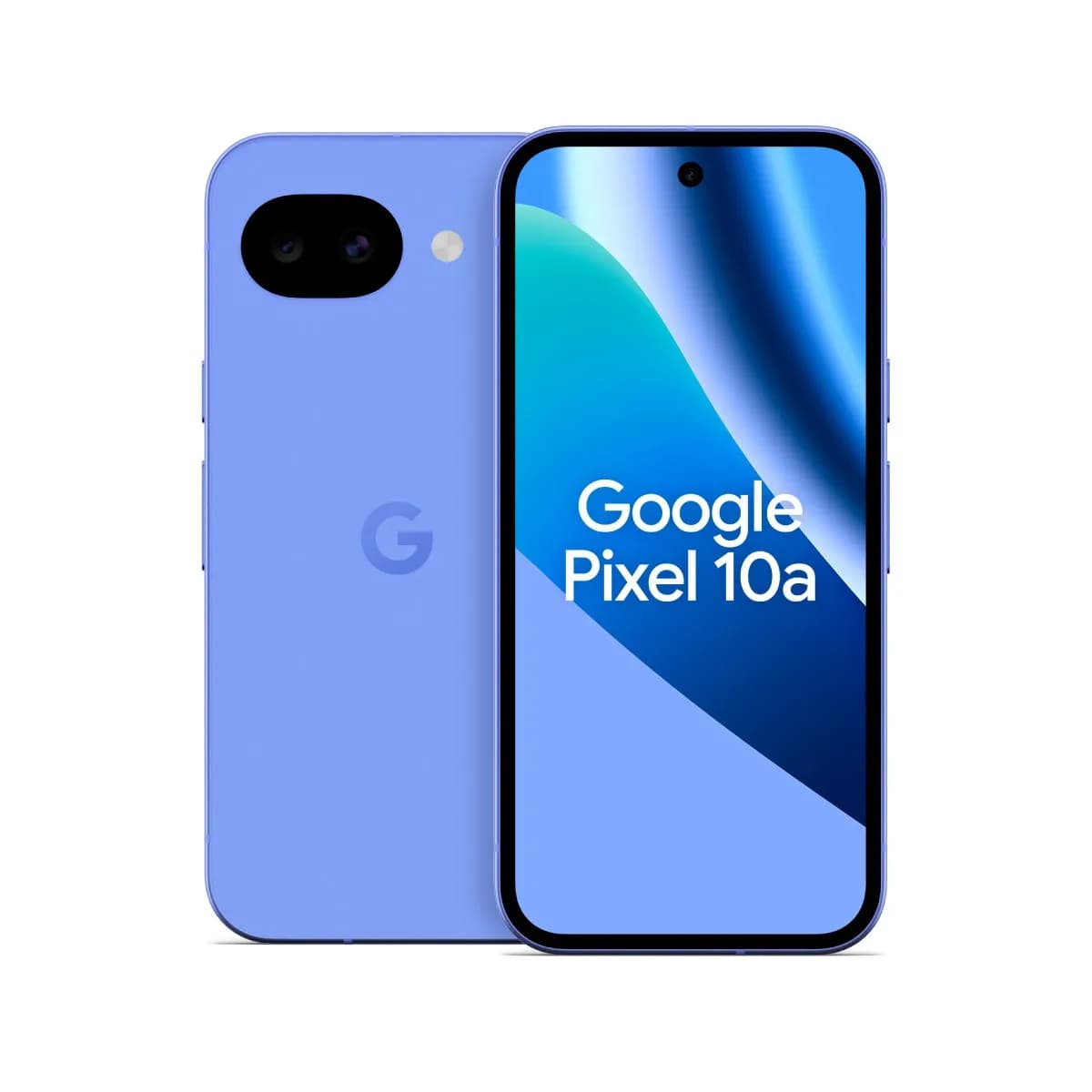 Front and back views of lavender Google Pixel 10a smartphone with dual cameras and 5G connectivity displayed.