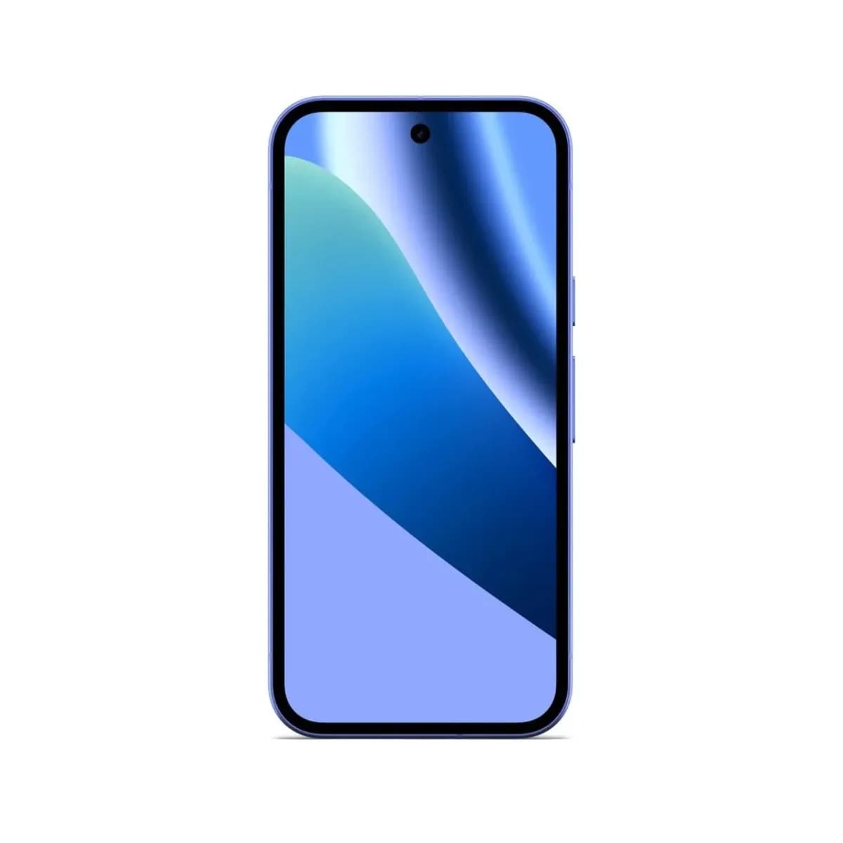 Front view of Google Pixel 10a smartphone in lavender with a blue abstract wallpaper on screen.