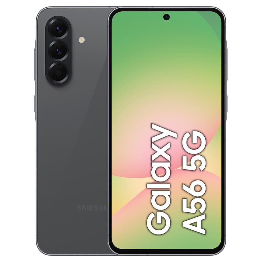 Samsung Galaxy A56 5G smartphone in graphite with triple rear cameras and front display showing the model name.