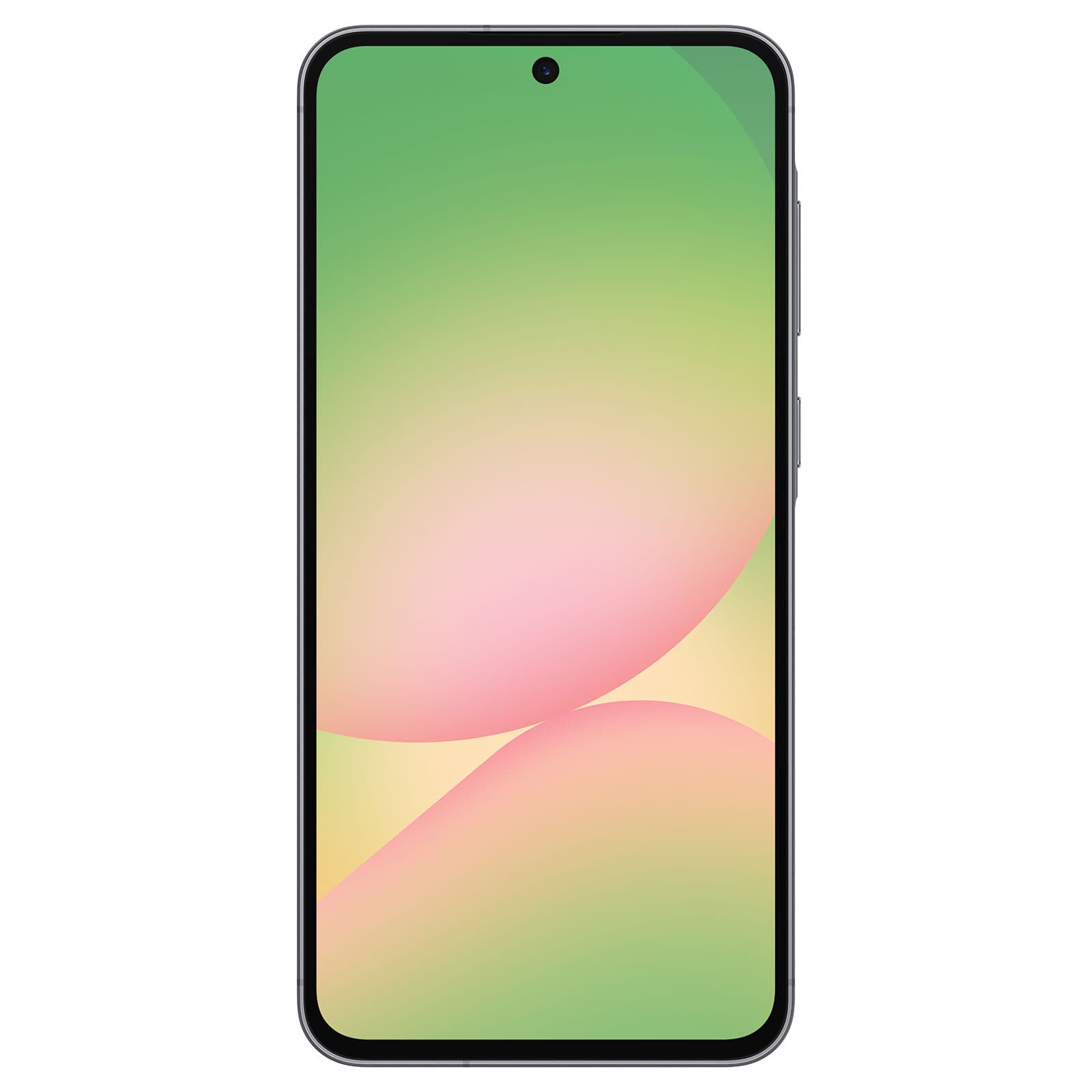 Samsung Galaxy A56 5G smartphone in graphite color showing a green and pink gradient screen with centered front camera.