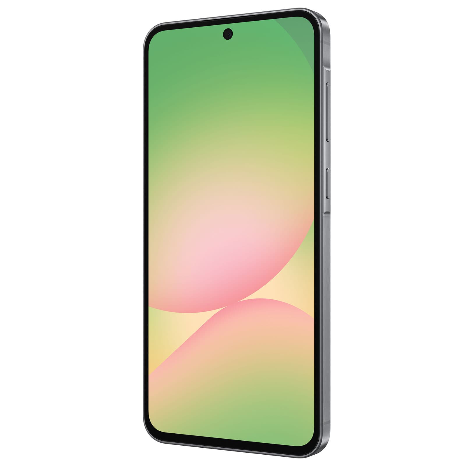 Samsung Galaxy A56 5G smartphone in graphite color showing front display with minimal bezels and centered punch-hole camera.