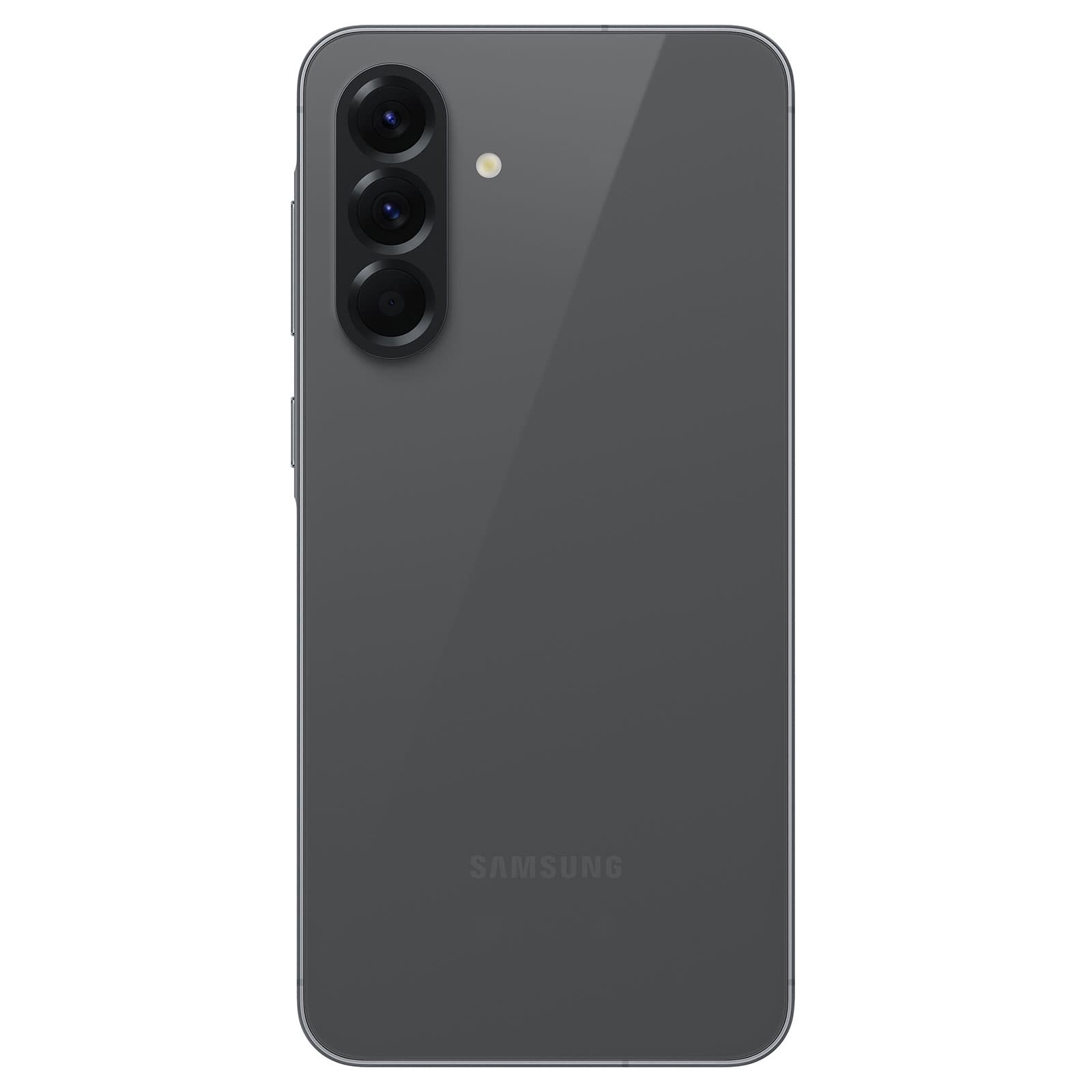 Samsung Galaxy A56 5G smartphone in graphite color showing its back with triple camera setup and flash.