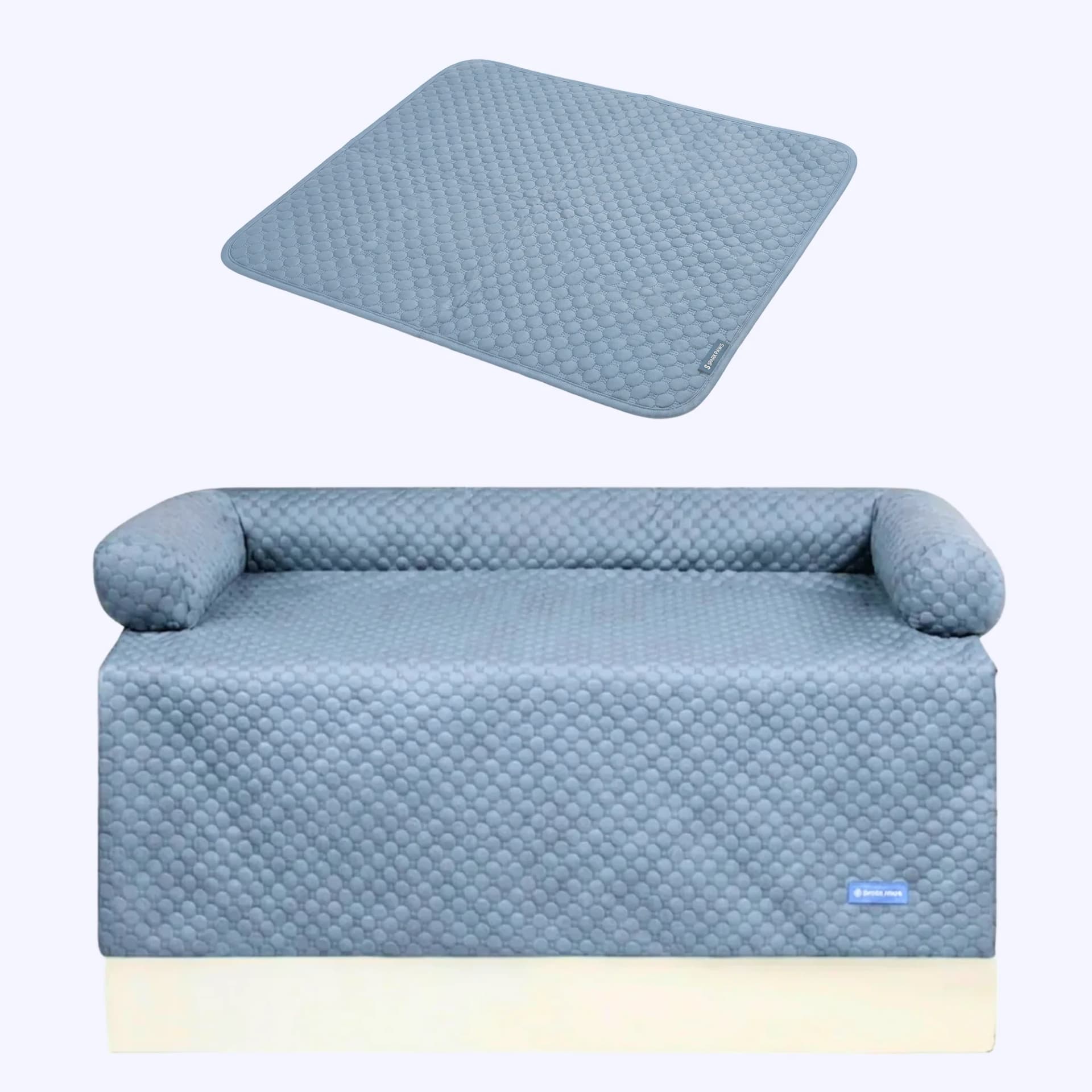 Blue textured cooling couch cover with matching cooling mat designed for pet comfort.