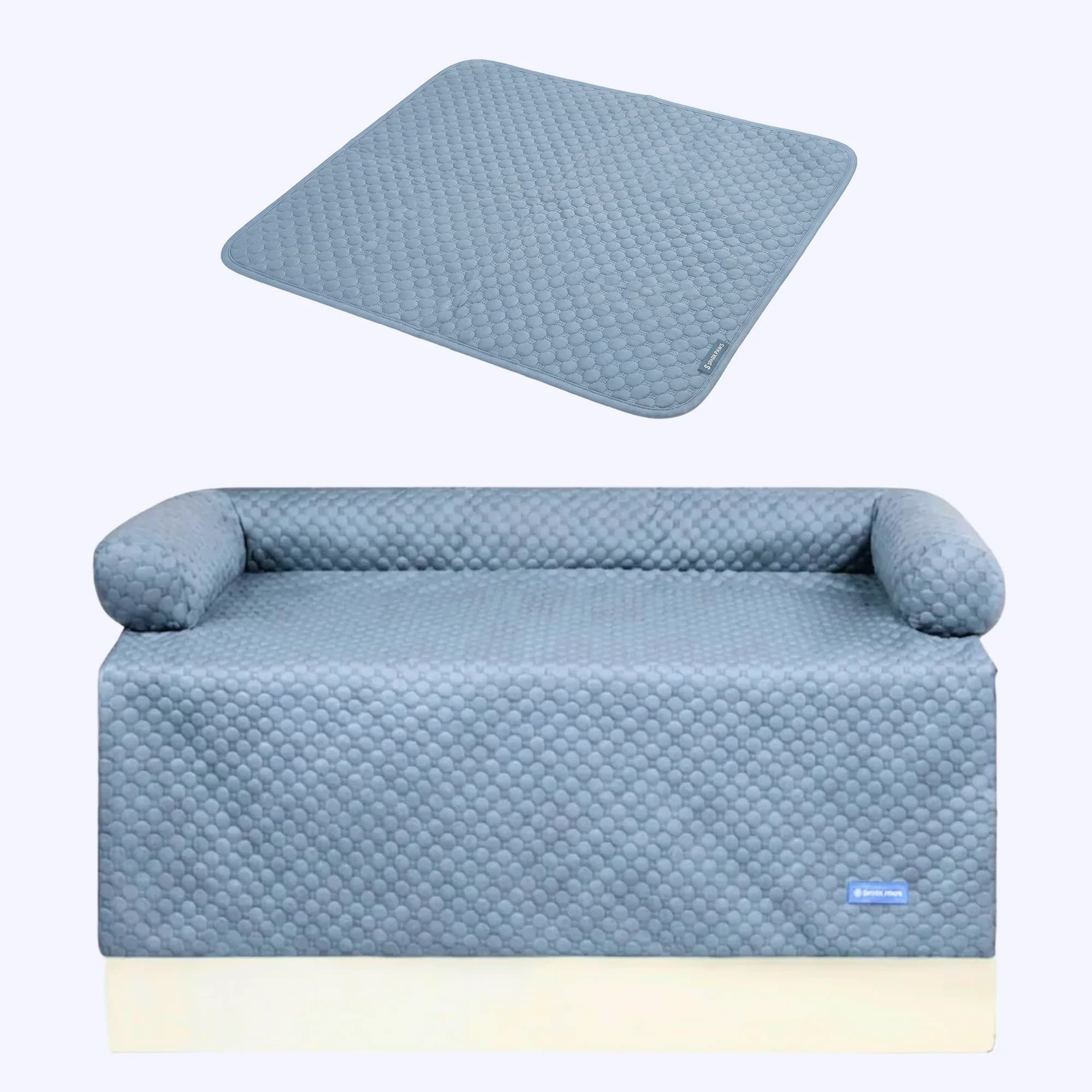 Blue textured cooling couch cover with matching cooling mat designed for pet comfort.