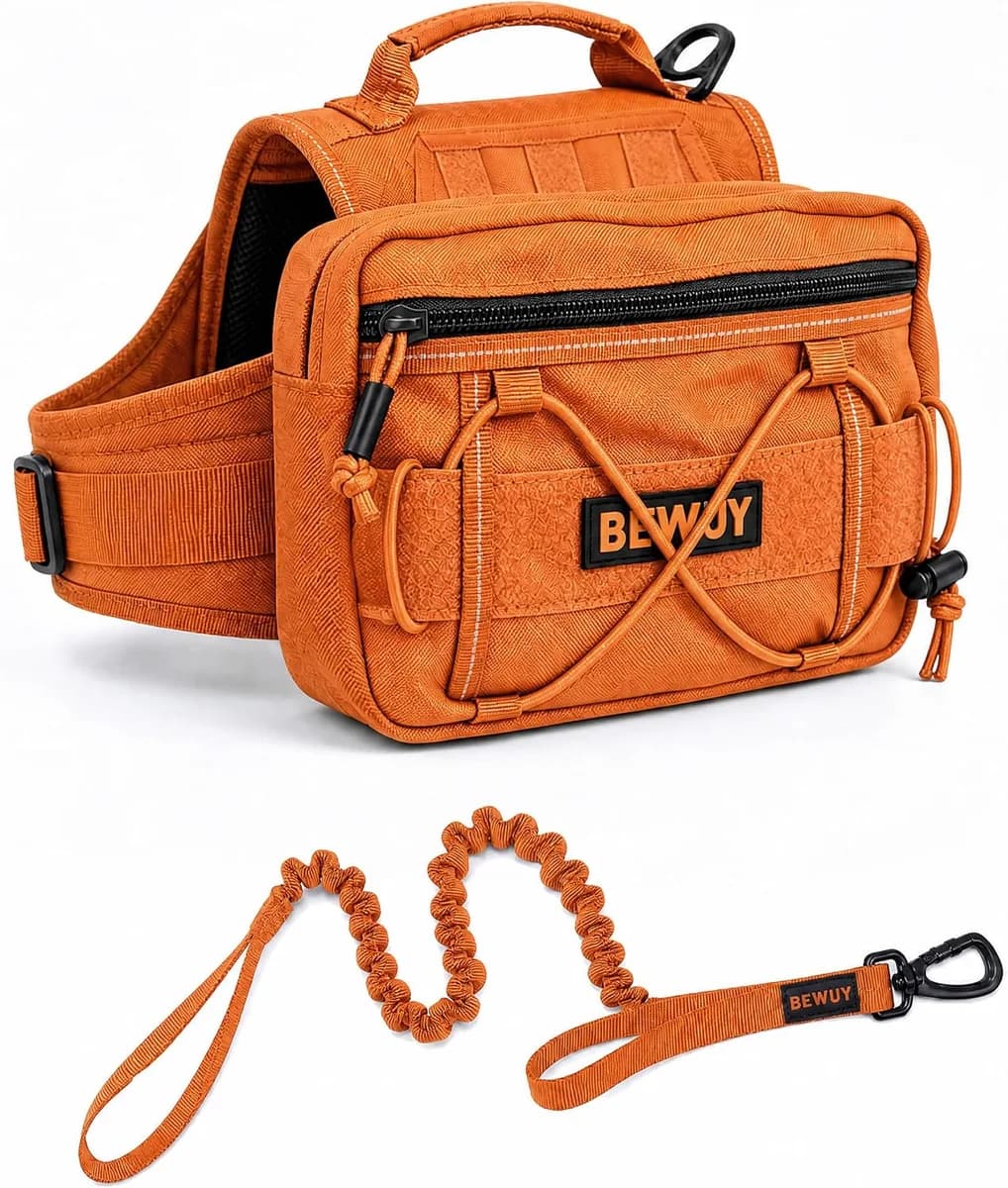 orange tactical dog backpack harness with bungee leash